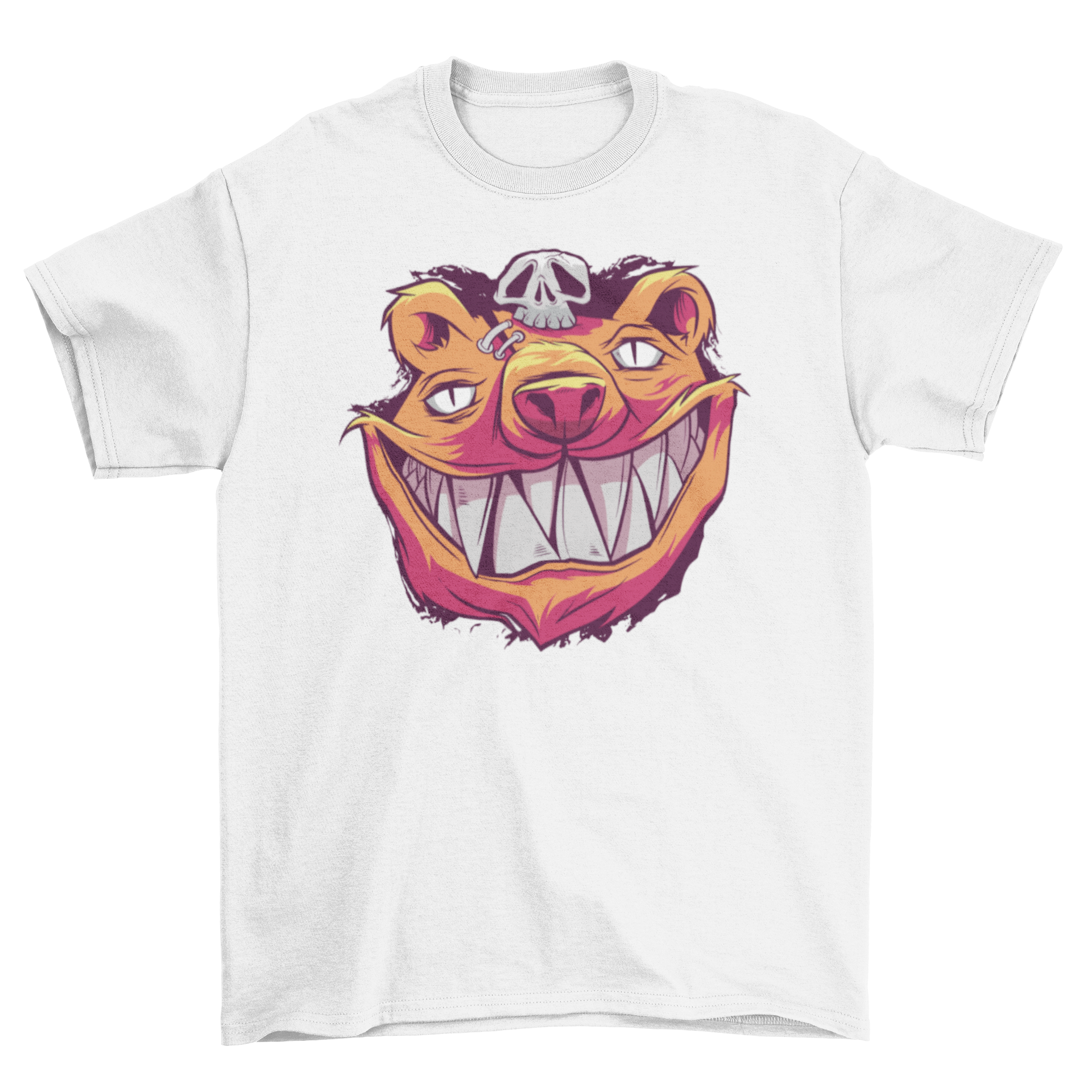 A creepy t-shirt featuring a bear with sharp teeth and a menacing smile, perfect for Halloween or casual wear.