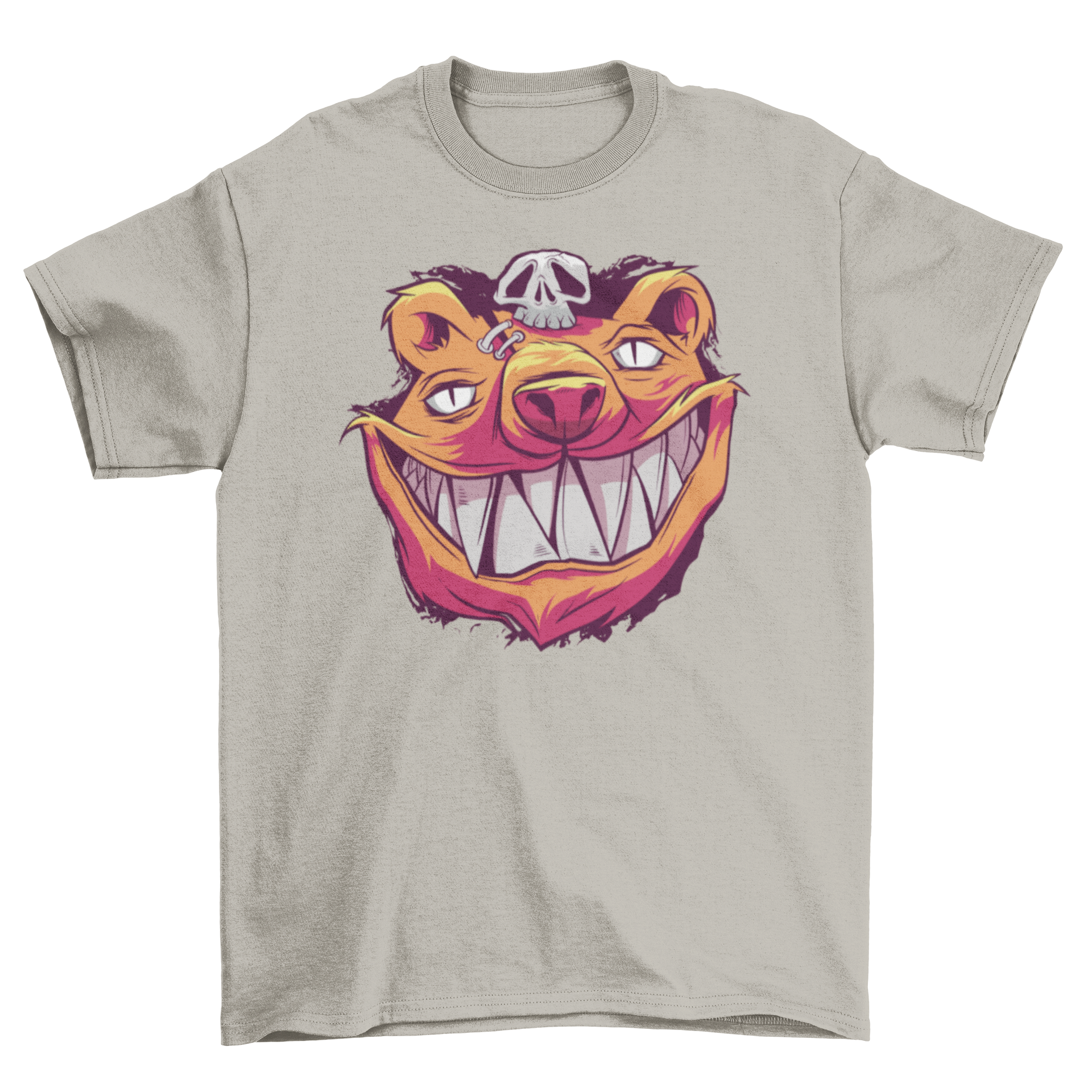 A creepy t-shirt featuring a bear with sharp teeth and a menacing smile, perfect for Halloween or casual wear.