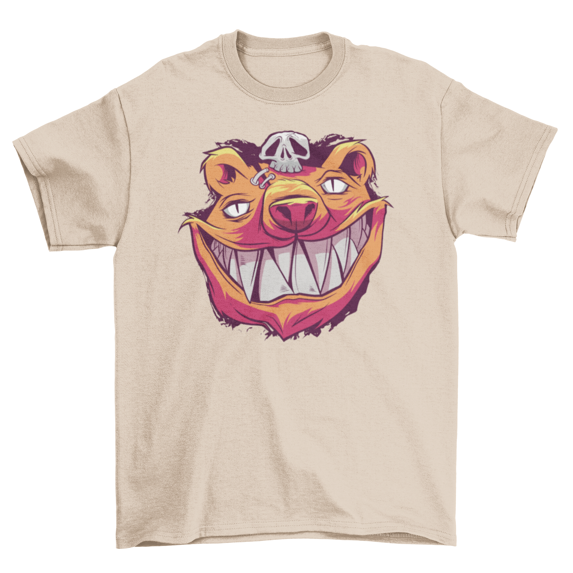 A creepy t-shirt featuring a bear with sharp teeth and a menacing smile, perfect for Halloween or casual wear.