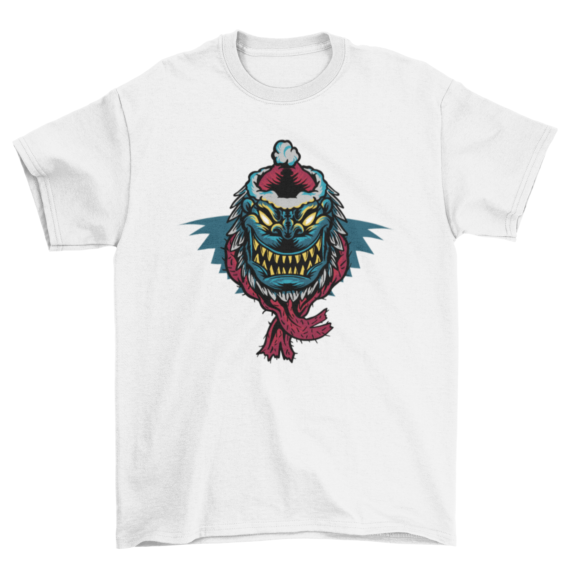 A playful t-shirt featuring a colorful monster wearing a Christmas hat and scarf, perfect for festive occasions.