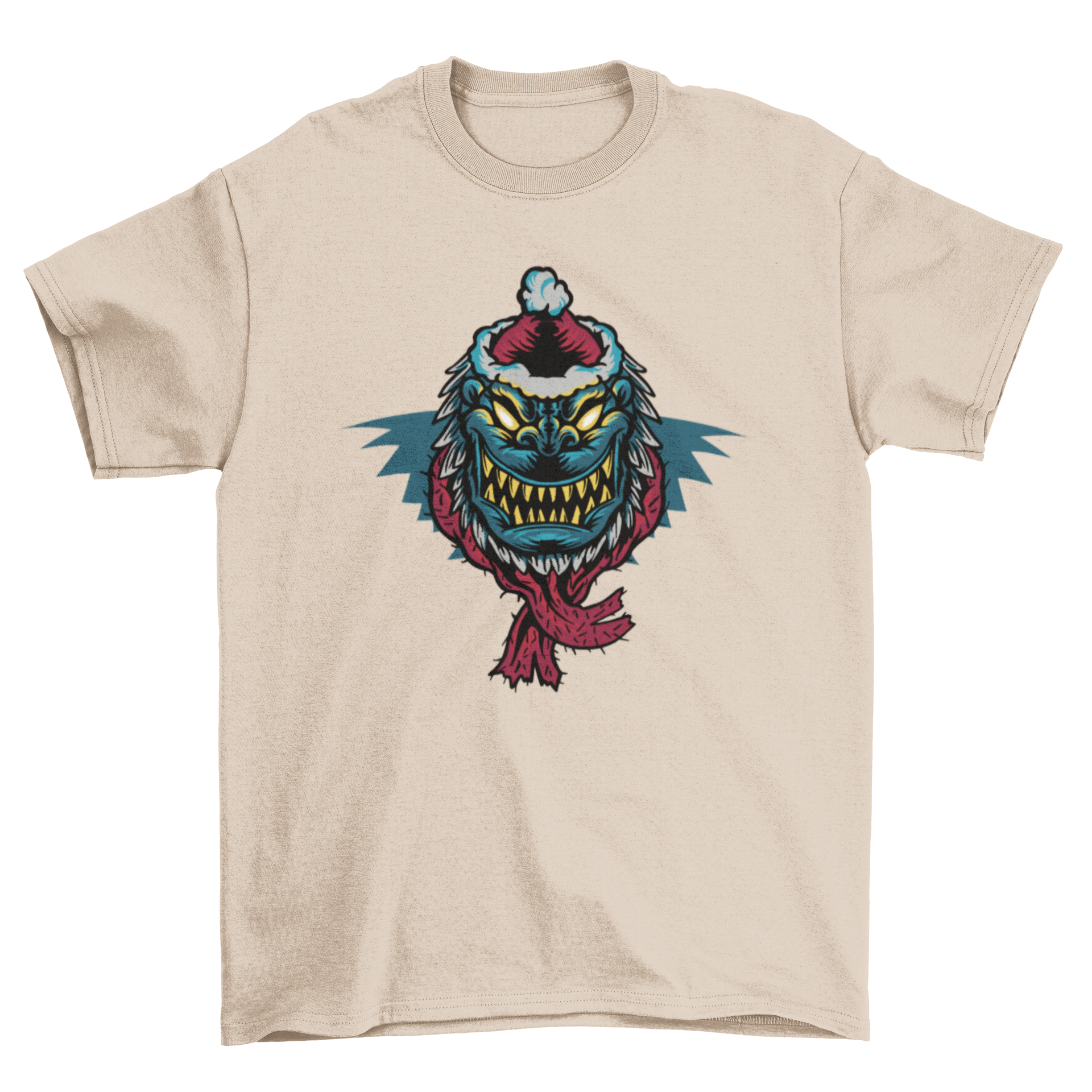 A playful t-shirt featuring a colorful monster wearing a Christmas hat and scarf, perfect for festive occasions.