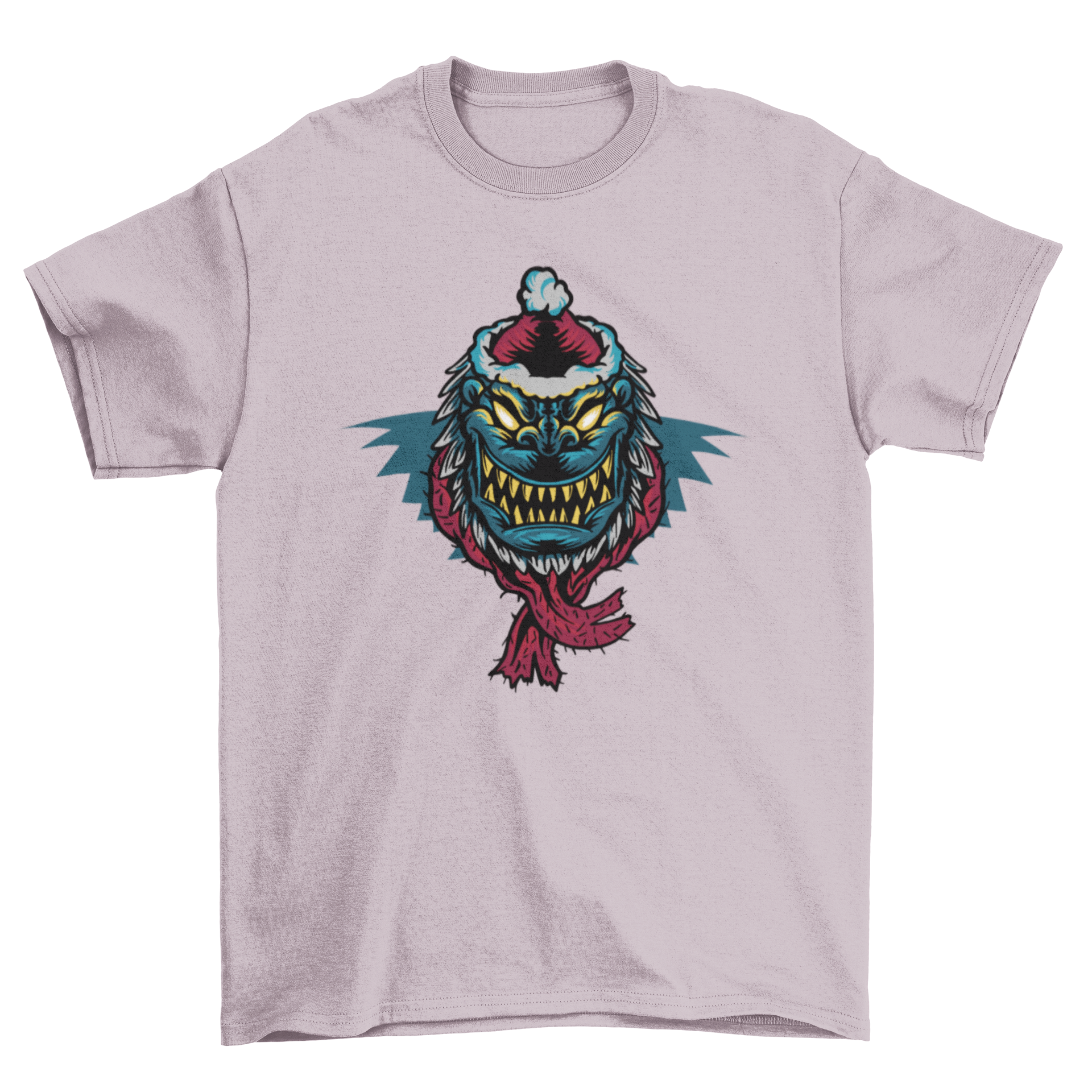 A playful t-shirt featuring a colorful monster wearing a Christmas hat and scarf, perfect for festive occasions.