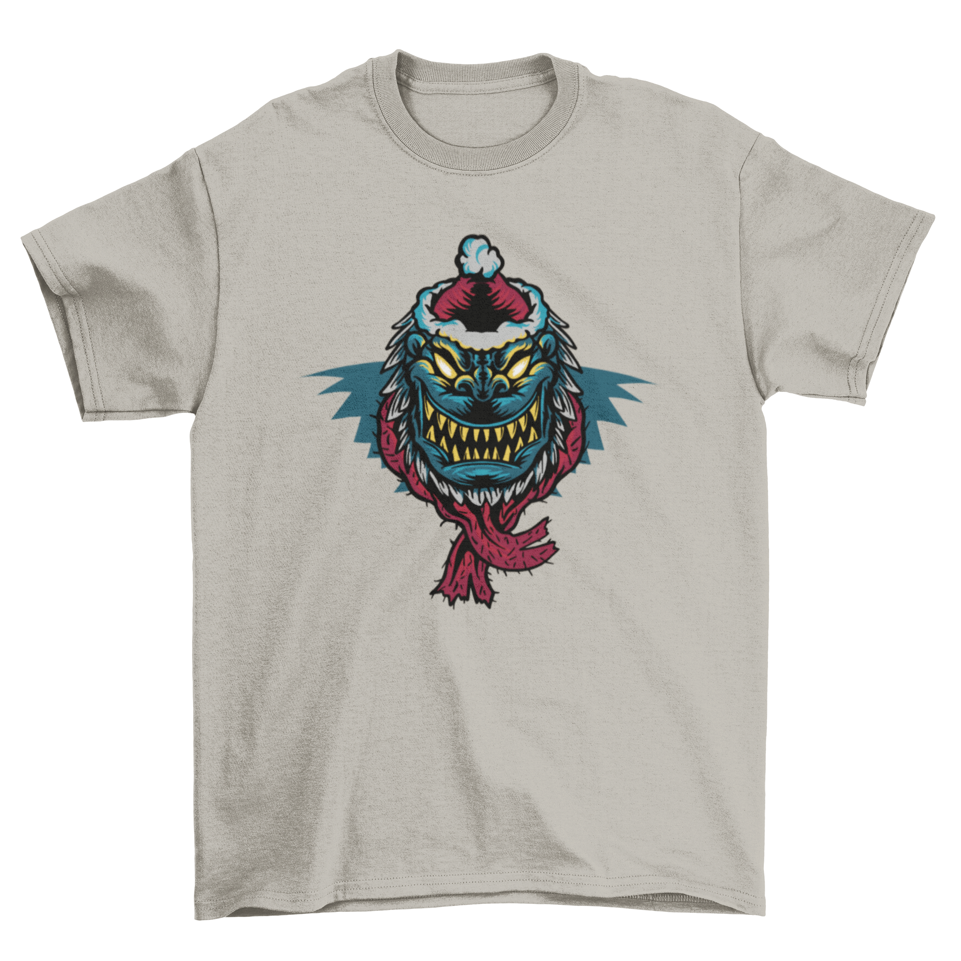 A playful t-shirt featuring a colorful monster wearing a Christmas hat and scarf, perfect for festive occasions.