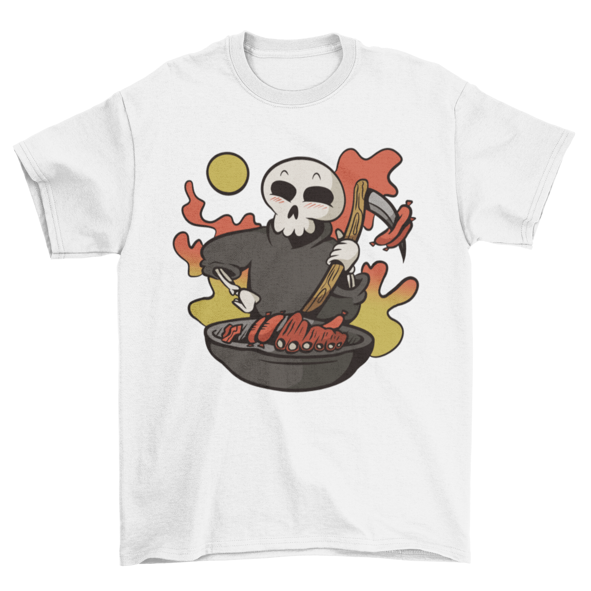 A cute t-shirt featuring a grim reaper cooking over a grill, perfect for Halloween.