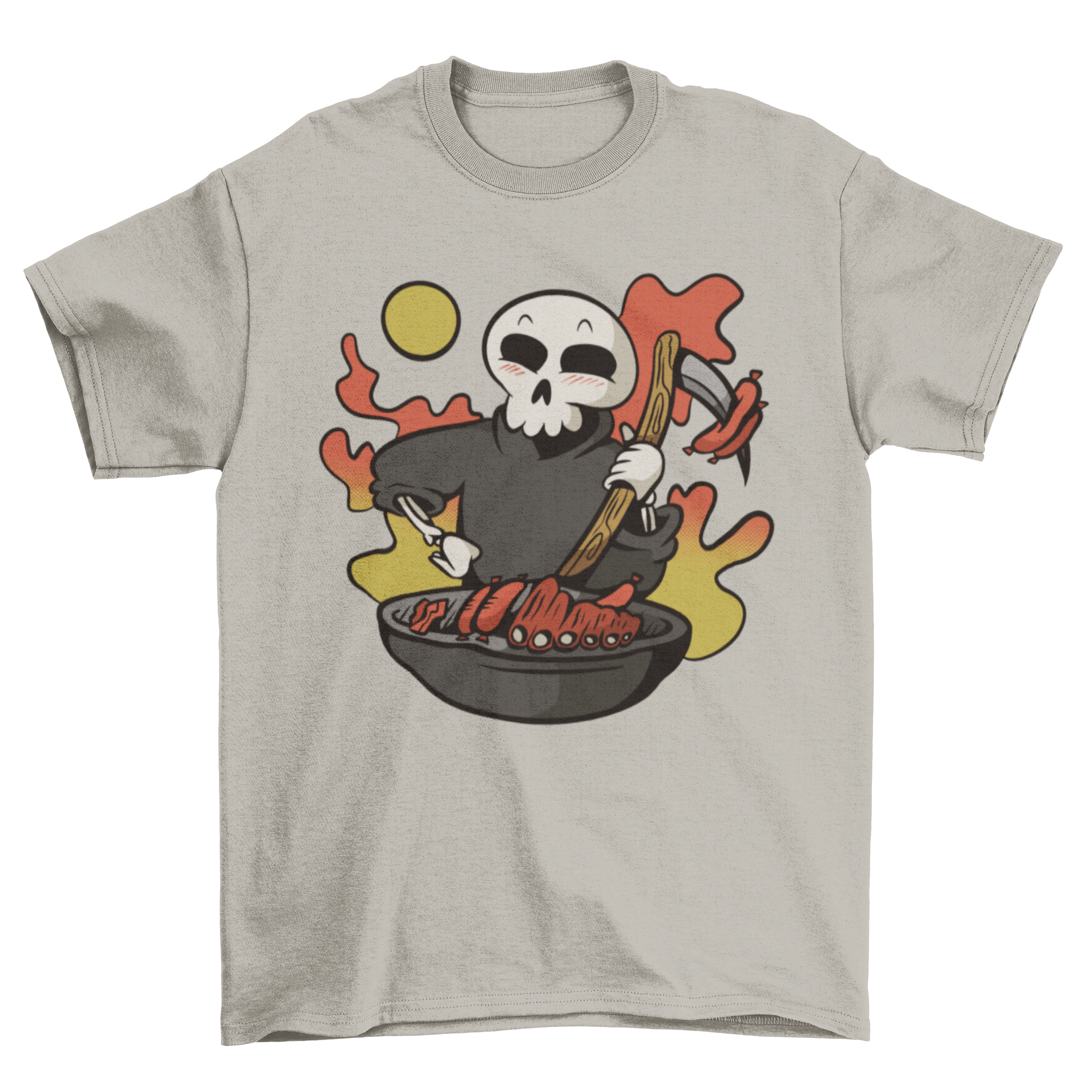 A cute t-shirt featuring a grim reaper cooking over a grill, perfect for Halloween.