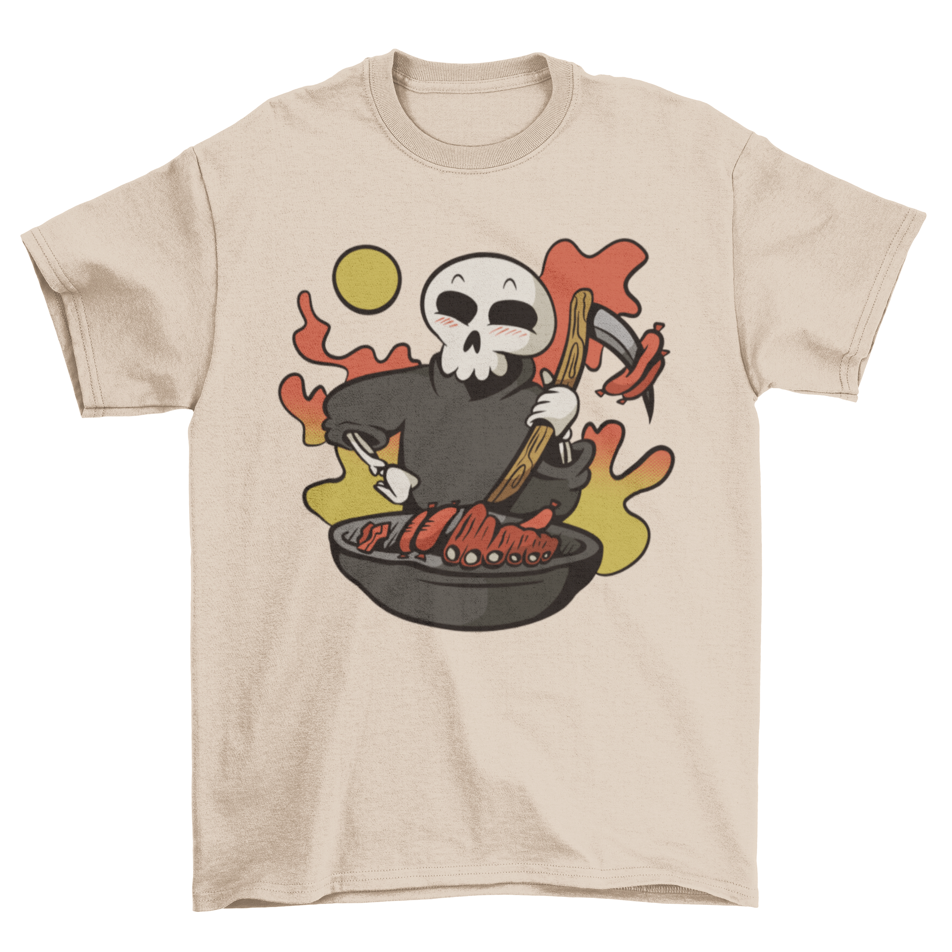 A cute t-shirt featuring a grim reaper cooking over a grill, perfect for Halloween.