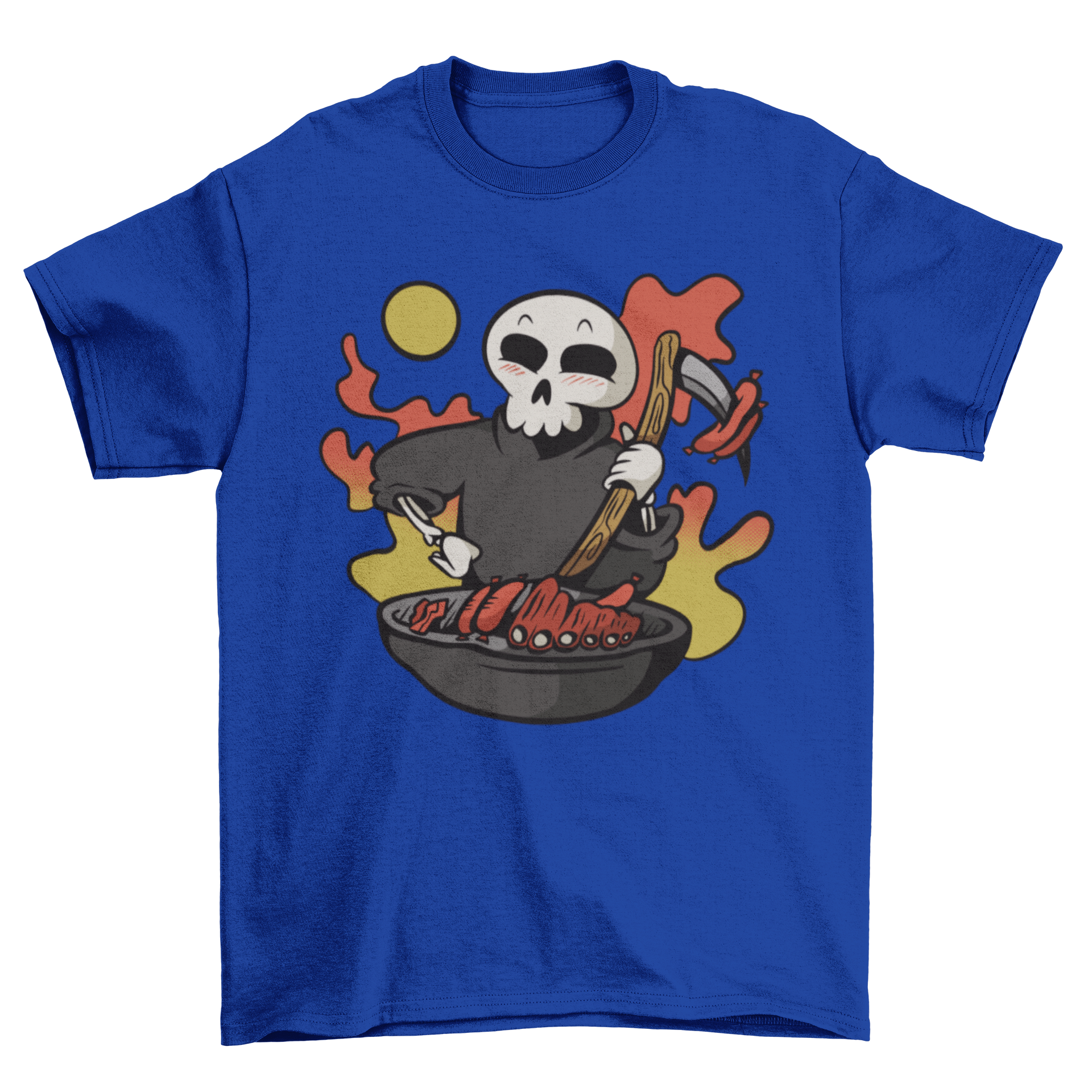 A cute t-shirt featuring a grim reaper cooking over a grill, perfect for Halloween.