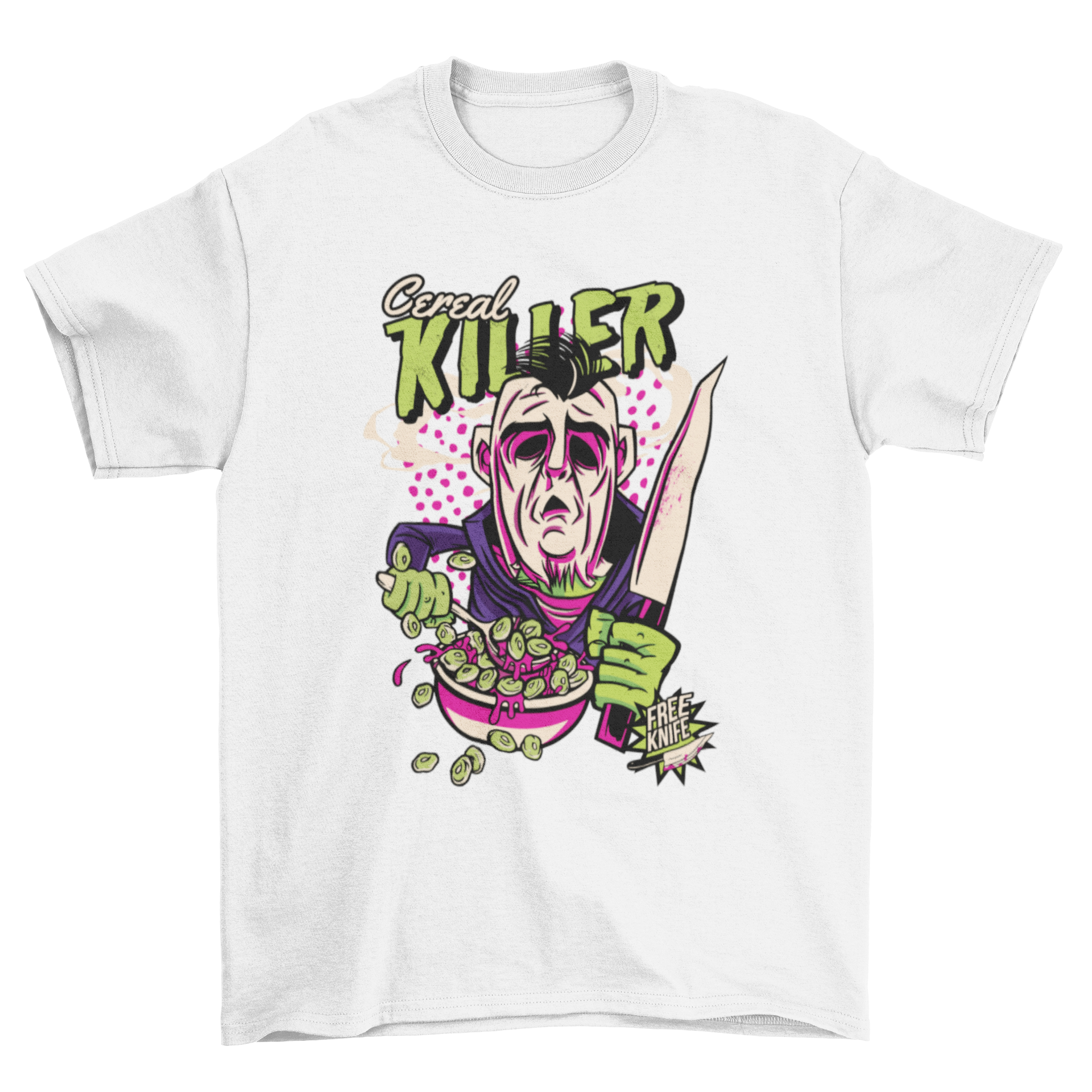 A humorous t-shirt featuring a horror character holding a knife and eating cereal, with the text 'Cereal Killer'.