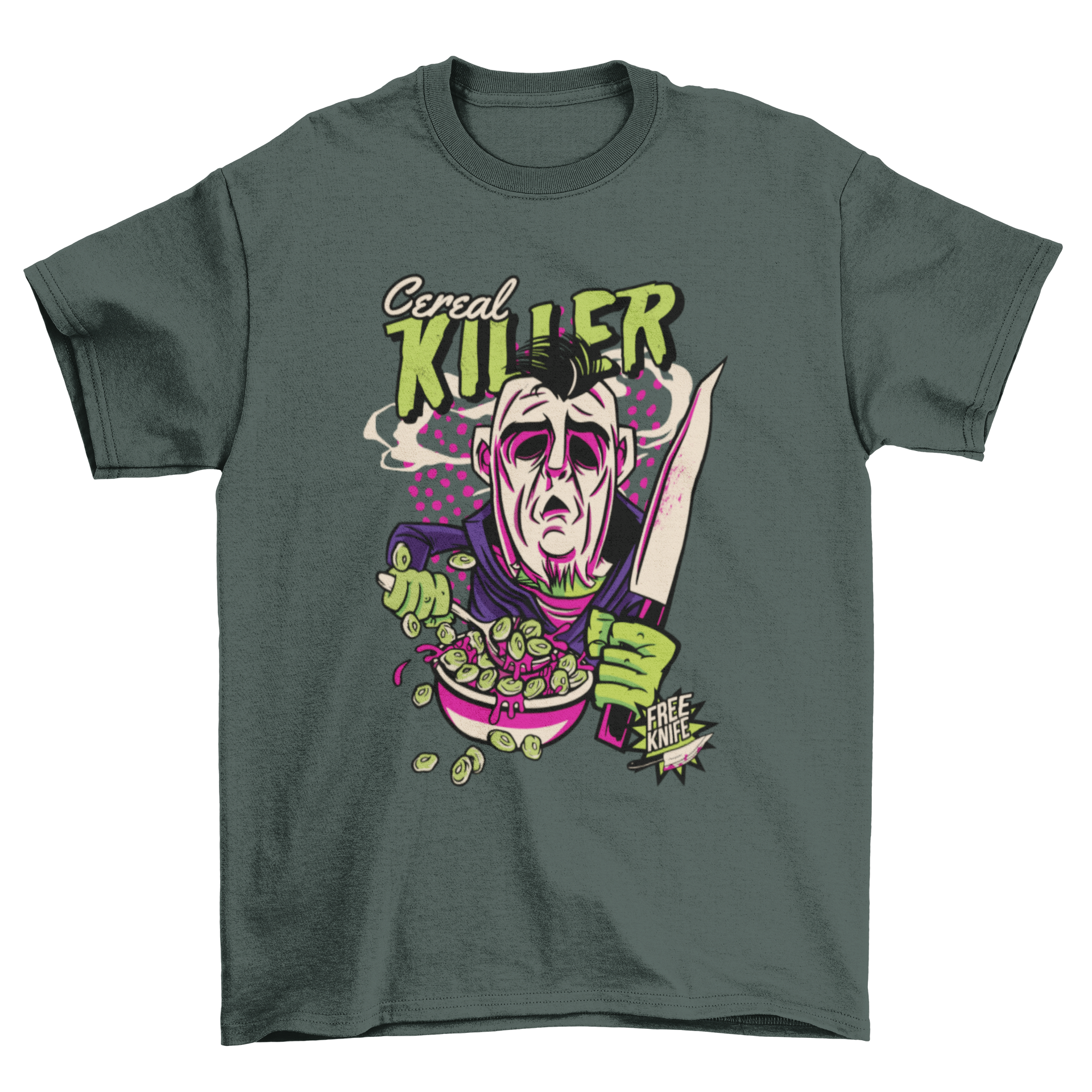 A humorous t-shirt featuring a horror character holding a knife and eating cereal, with the text 'Cereal Killer'.