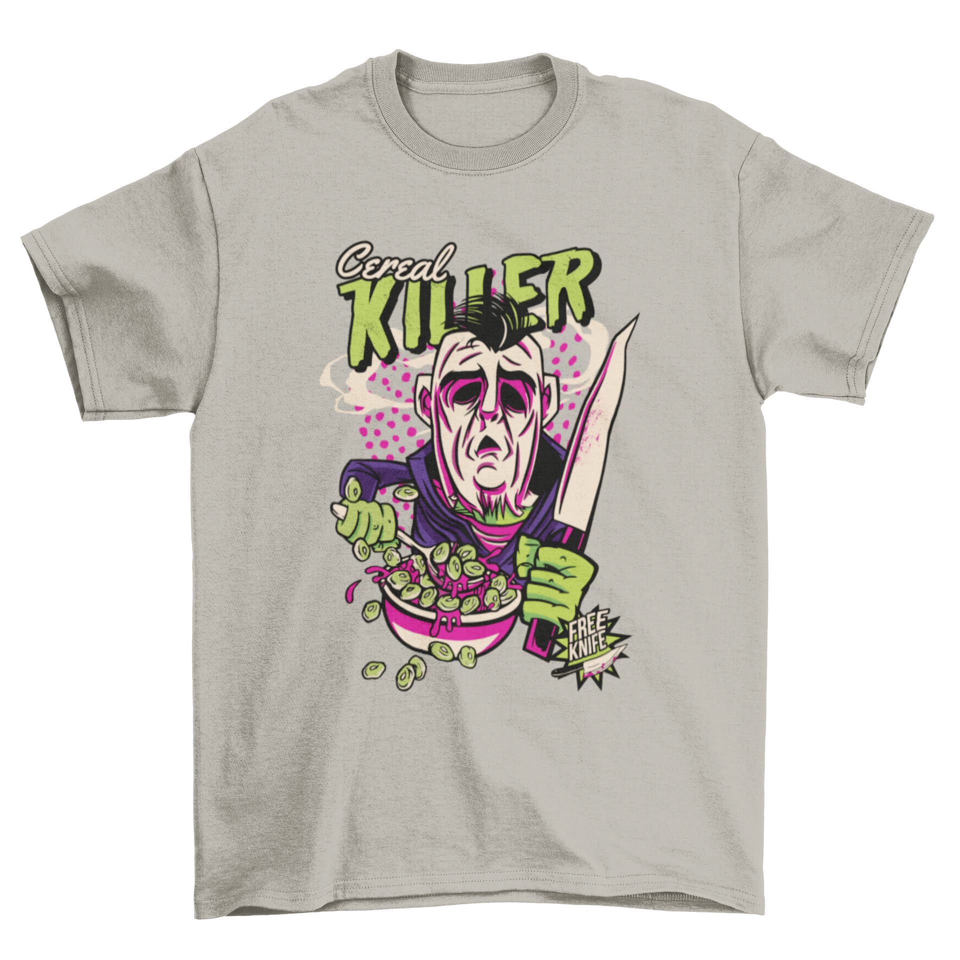 A humorous t-shirt featuring a horror character holding a knife and eating cereal, with the text 'Cereal Killer'.