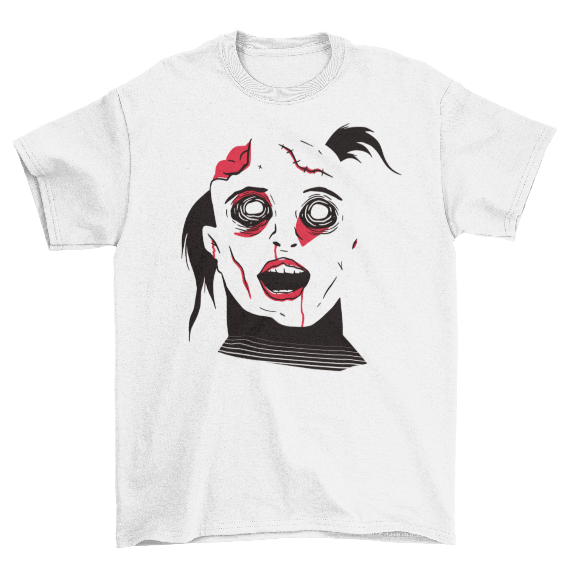 A creepy Halloween t-shirt featuring a zombie girl with scars, blood, and an exposed brain spot, perfect for horror fans.