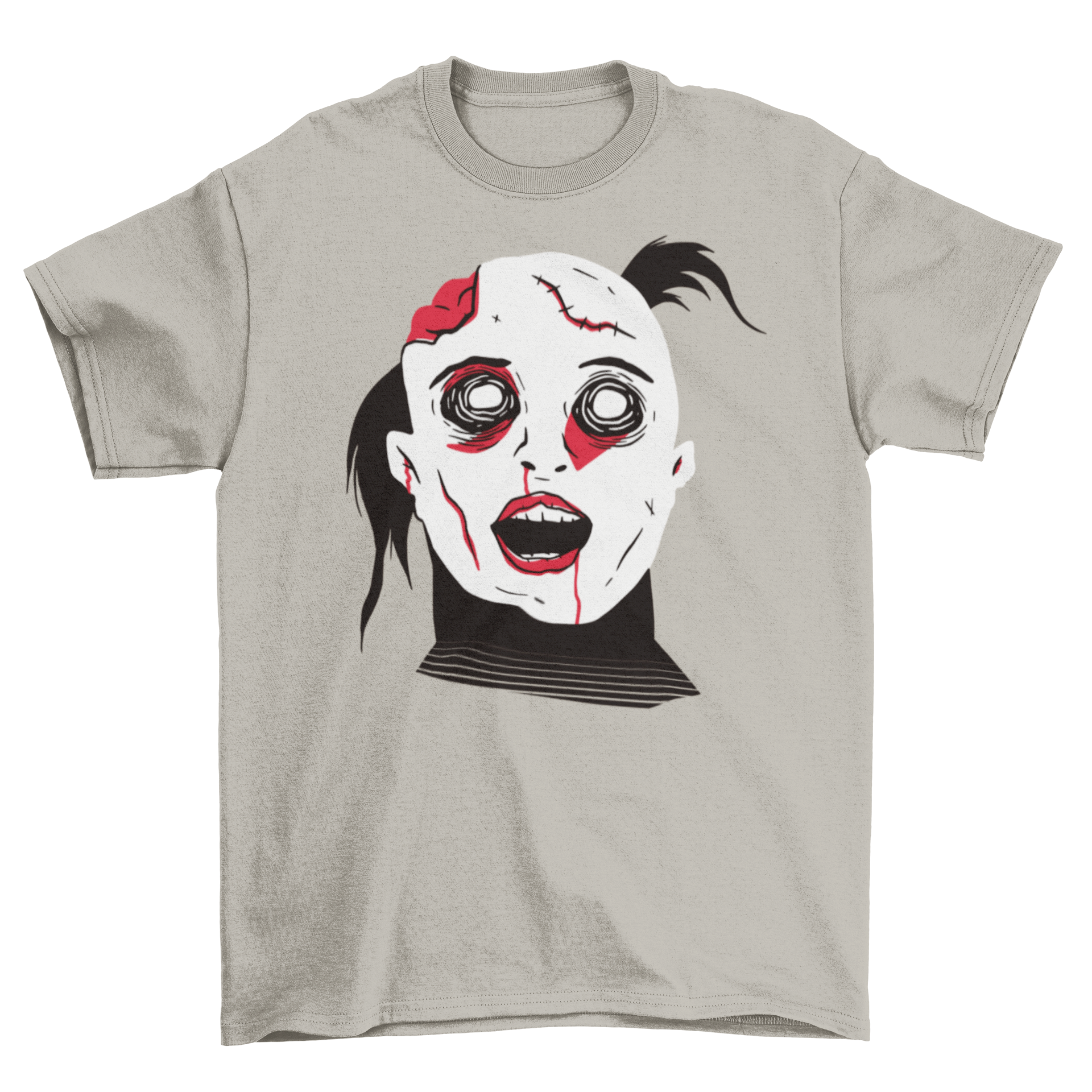 A creepy Halloween t-shirt featuring a zombie girl with scars, blood, and an exposed brain spot, perfect for horror fans.