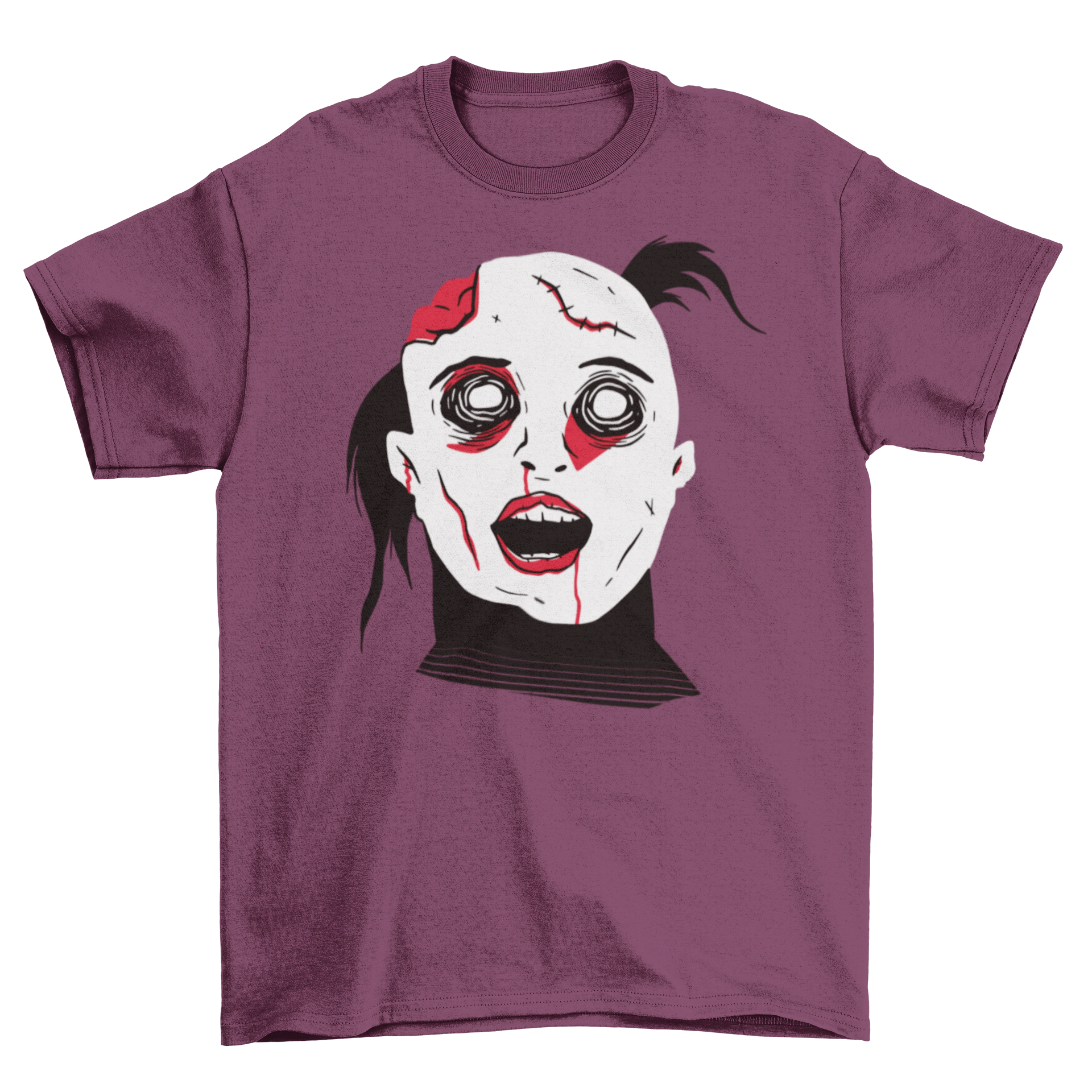 A creepy Halloween t-shirt featuring a zombie girl with scars, blood, and an exposed brain spot, perfect for horror fans.