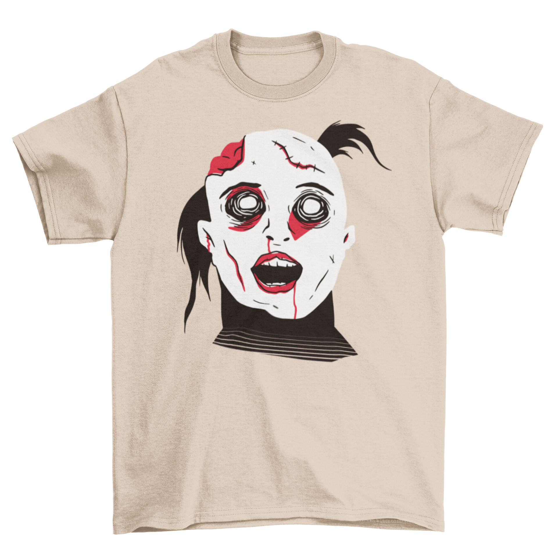 A creepy Halloween t-shirt featuring a zombie girl with scars, blood, and an exposed brain spot, perfect for horror fans.