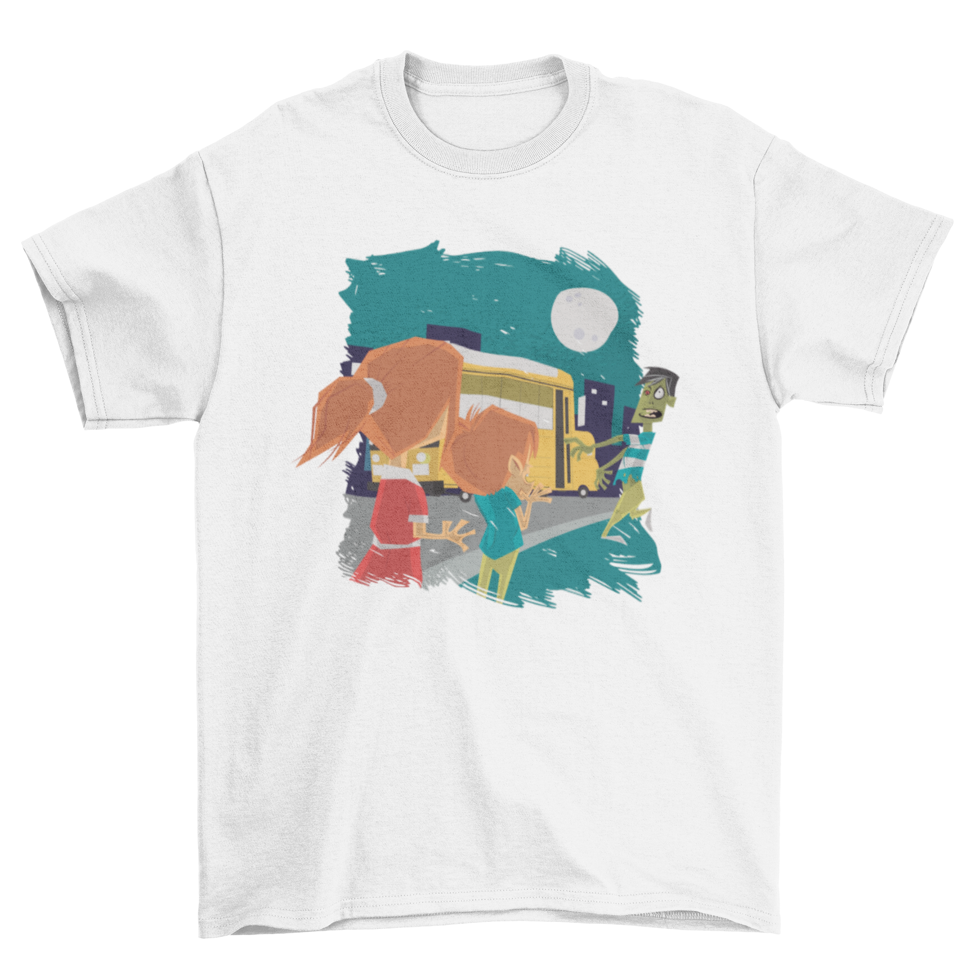 A spooky t-shirt featuring two scared kids watching a zombie boarding a school bus, perfect for Halloween.