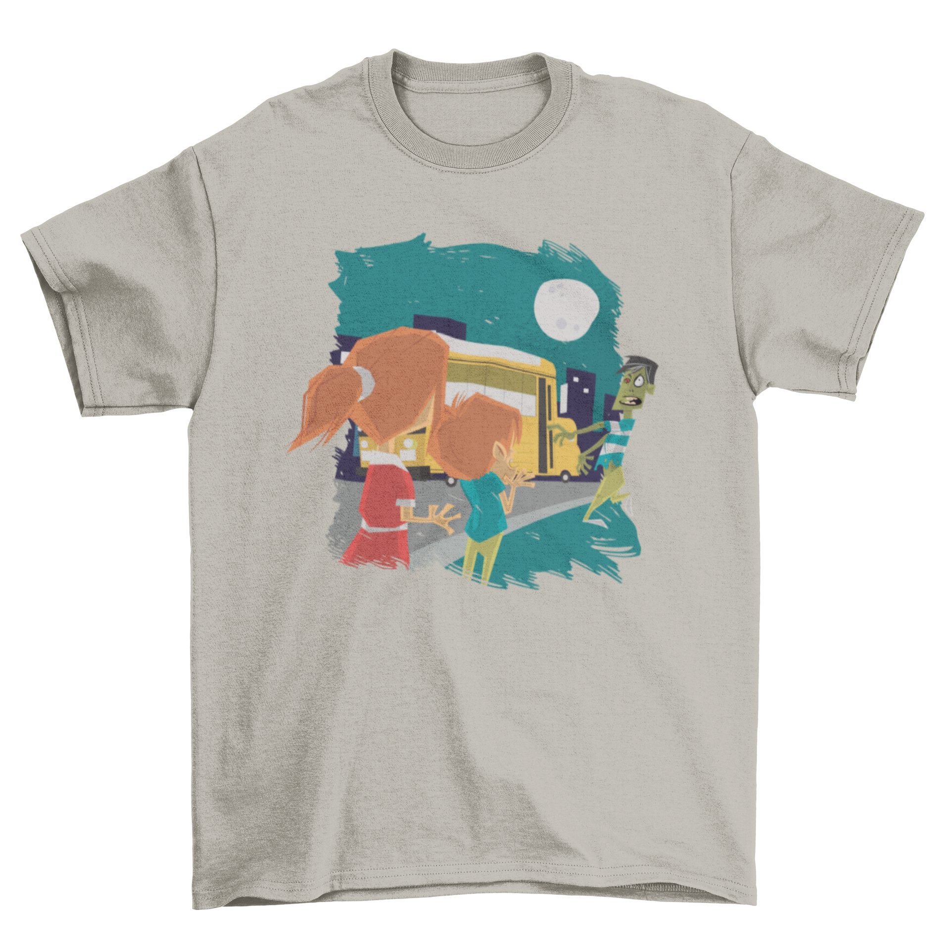 A spooky t-shirt featuring two scared kids watching a zombie boarding a school bus, perfect for Halloween.