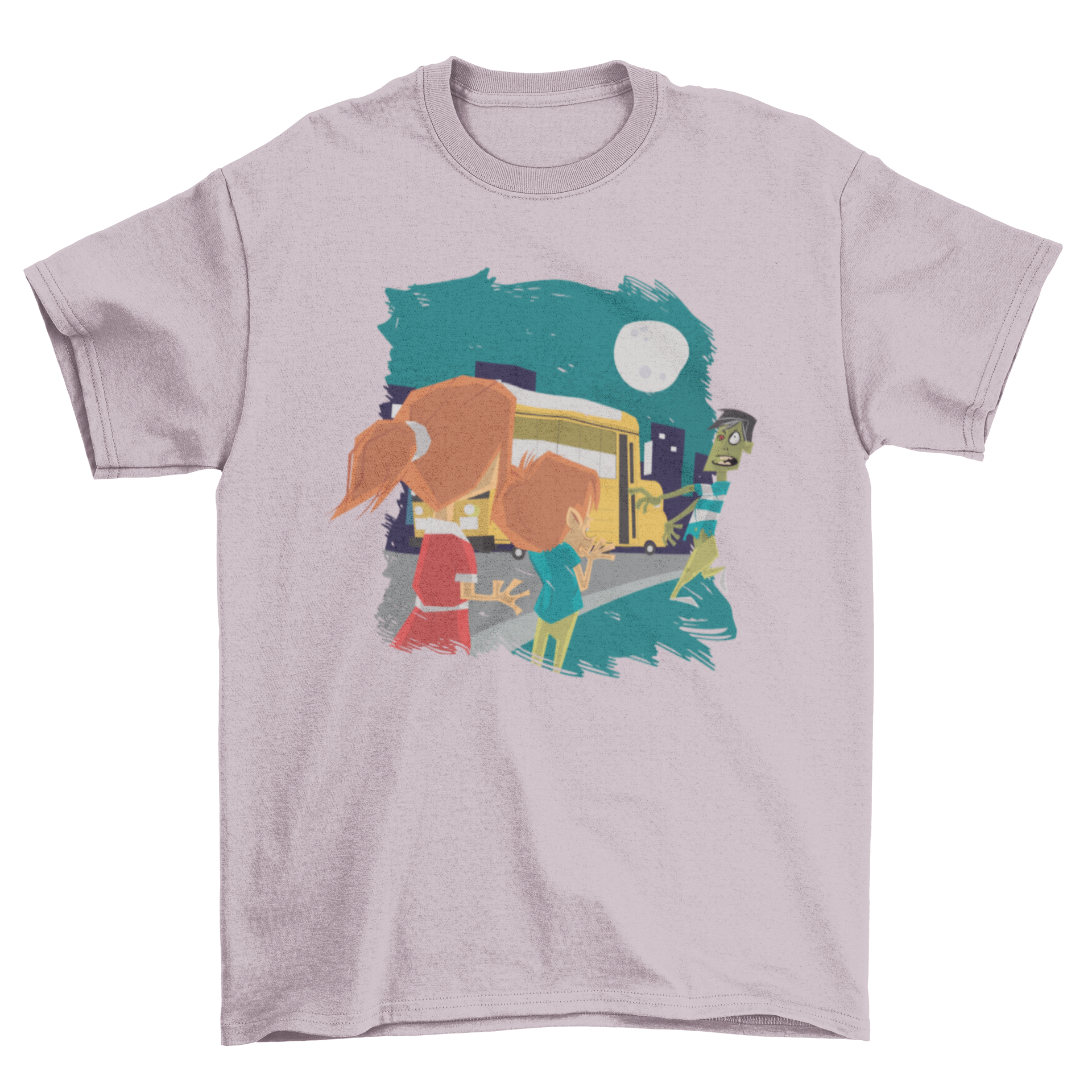 A spooky t-shirt featuring two scared kids watching a zombie boarding a school bus, perfect for Halloween.