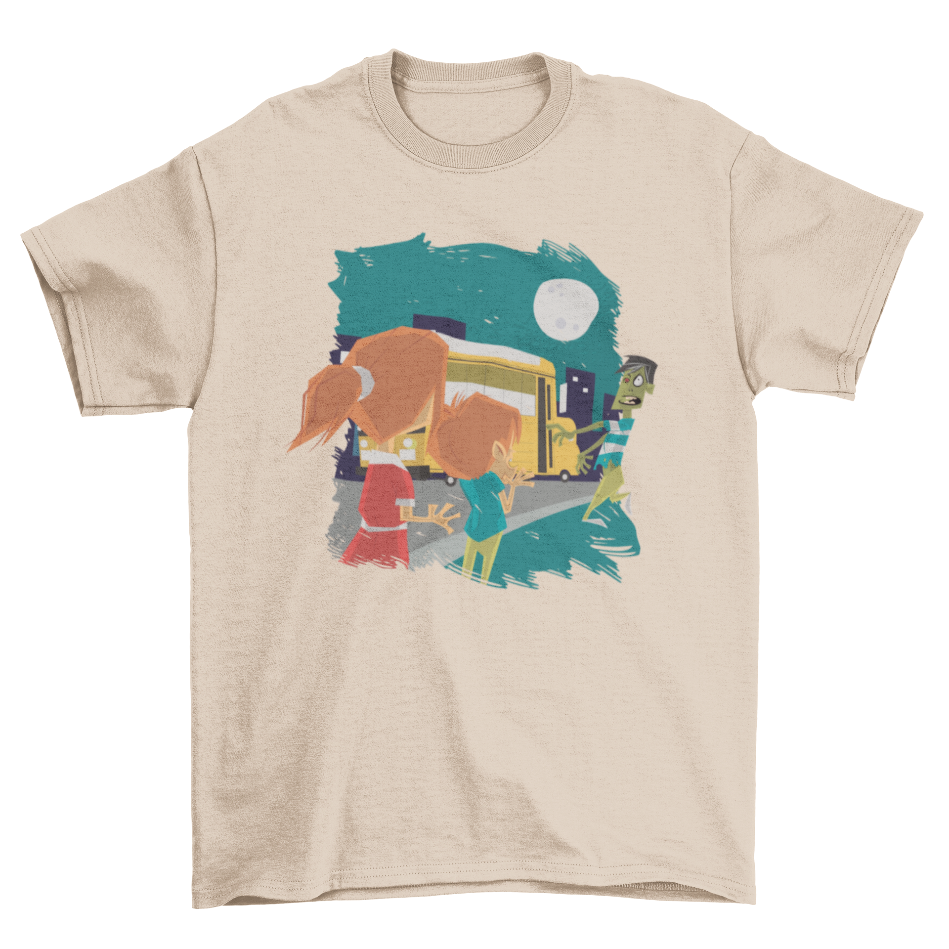 A spooky t-shirt featuring two scared kids watching a zombie boarding a school bus, perfect for Halloween.