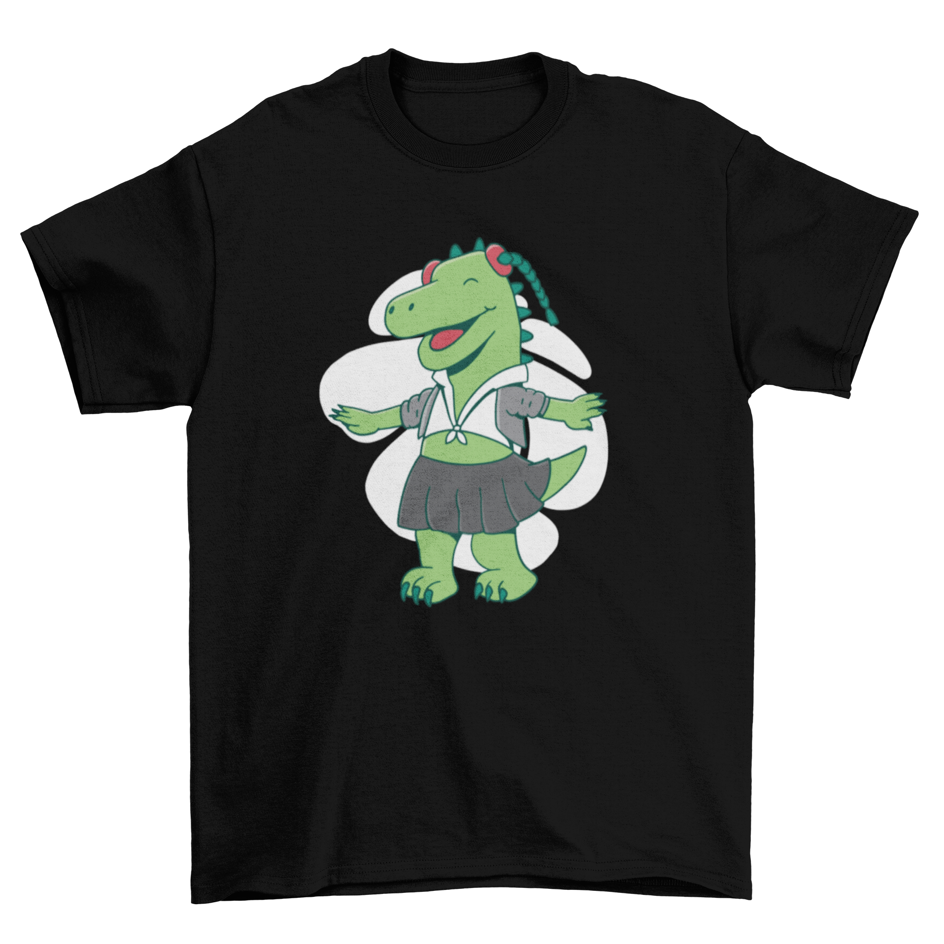 A cute t-shirt featuring a dinosaur dressed as a school girl, perfect for kids.