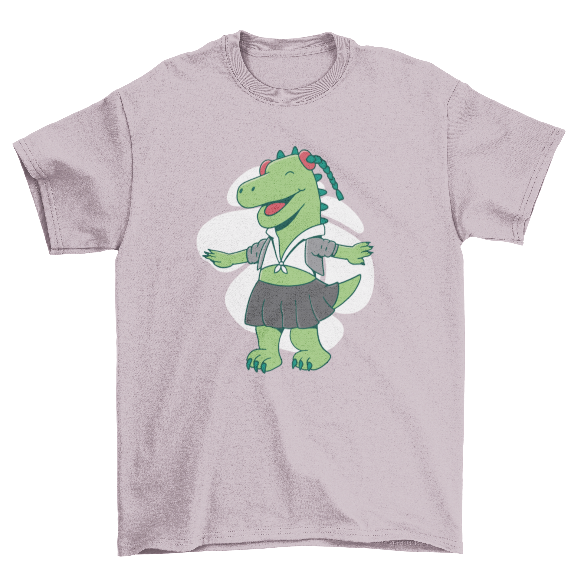 A cute t-shirt featuring a dinosaur dressed as a school girl, perfect for kids.