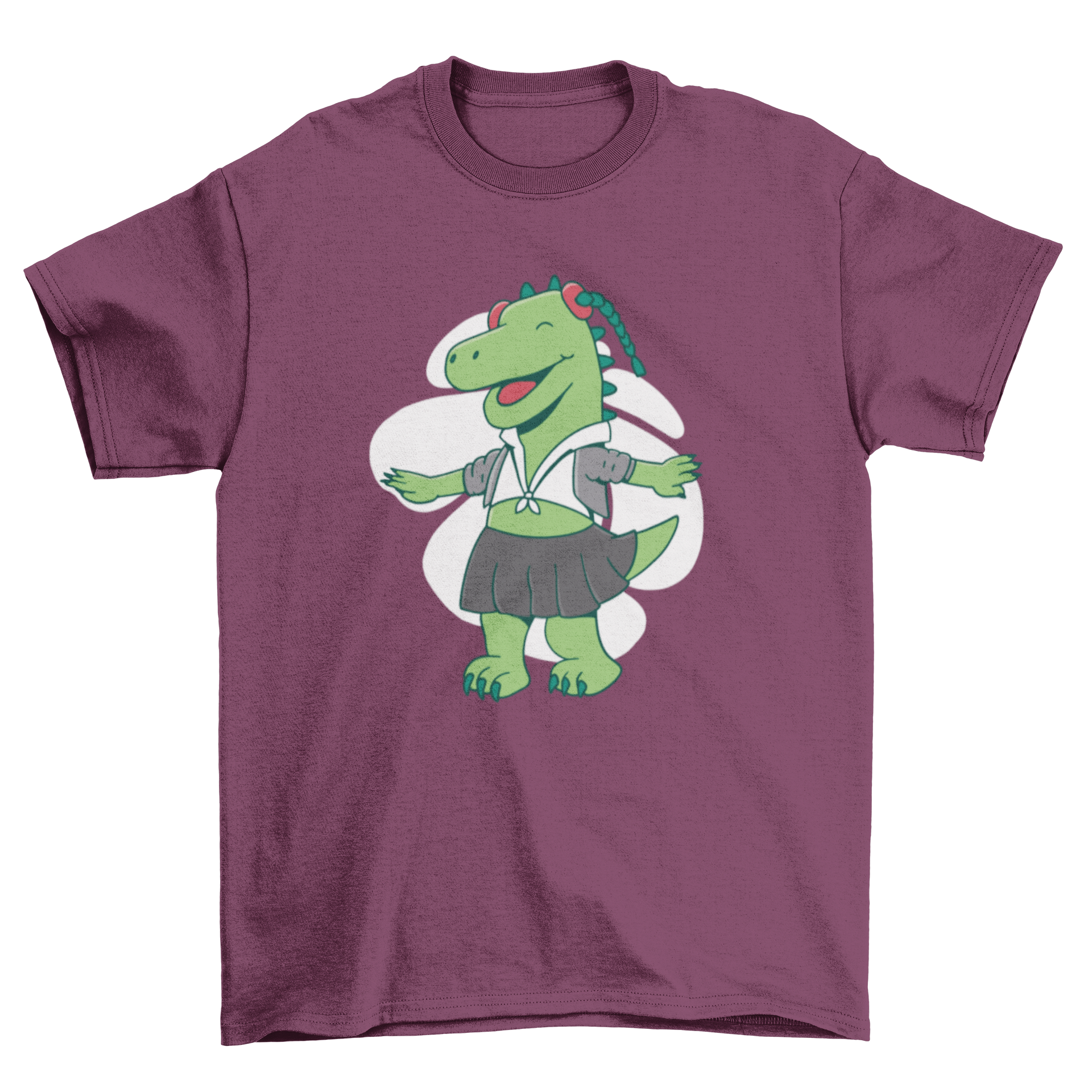 A cute t-shirt featuring a dinosaur dressed as a school girl, perfect for kids.