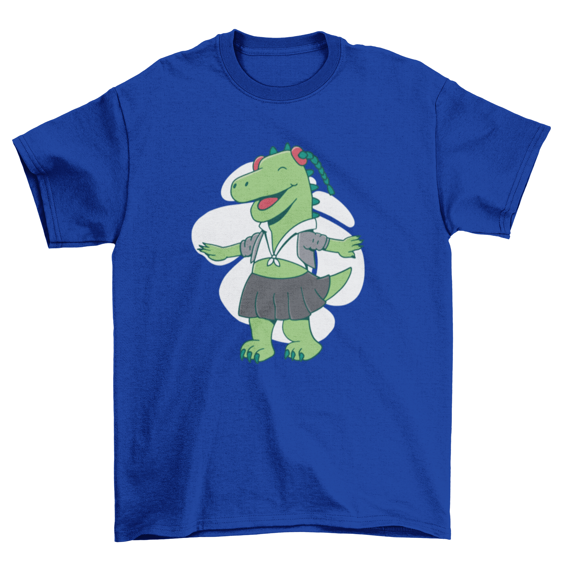 A cute t-shirt featuring a dinosaur dressed as a school girl, perfect for kids.