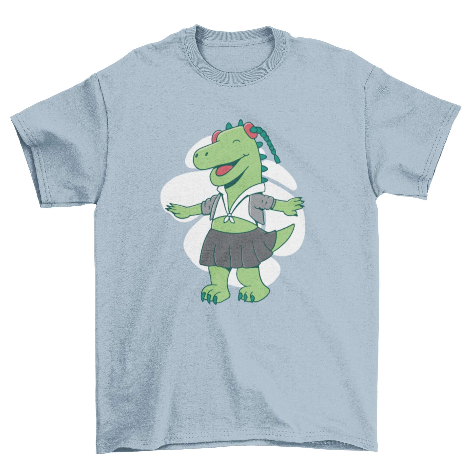 A cute t-shirt featuring a dinosaur dressed as a school girl, perfect for kids.