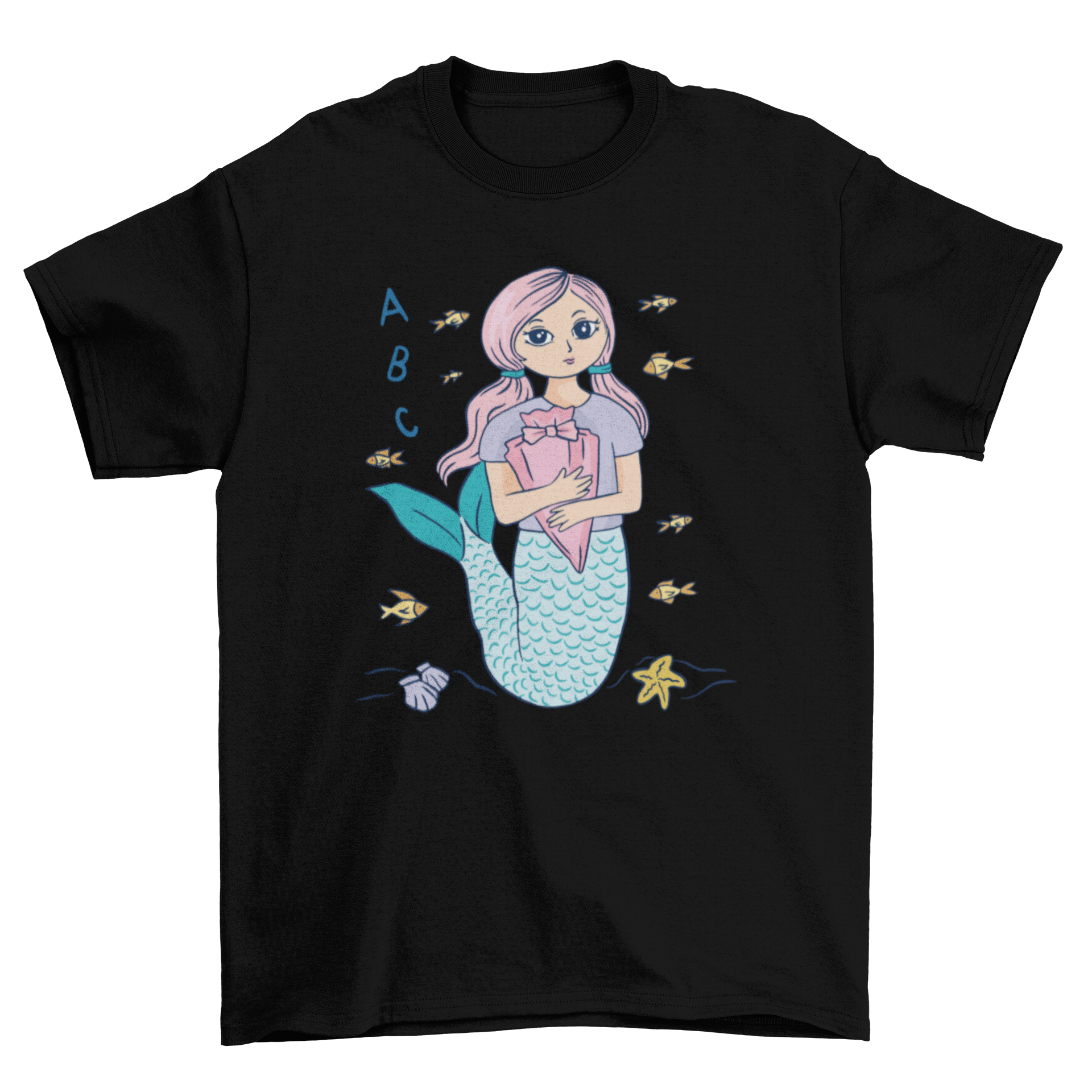 A colorful t-shirt featuring a mermaid student with a backpack, perfect for kids.