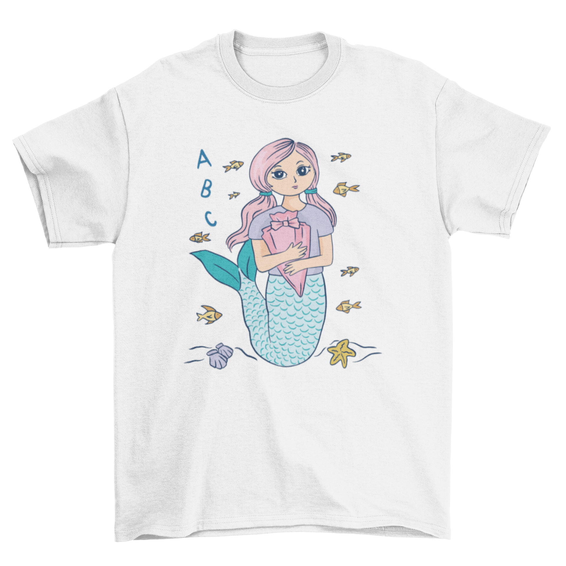 A colorful t-shirt featuring a mermaid student with a backpack, perfect for kids.