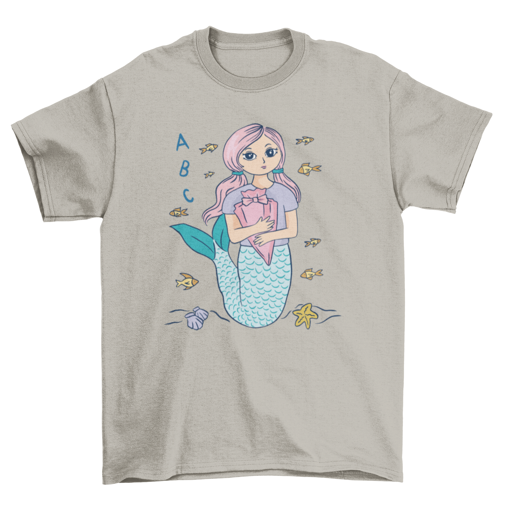 A colorful t-shirt featuring a mermaid student with a backpack, perfect for kids.