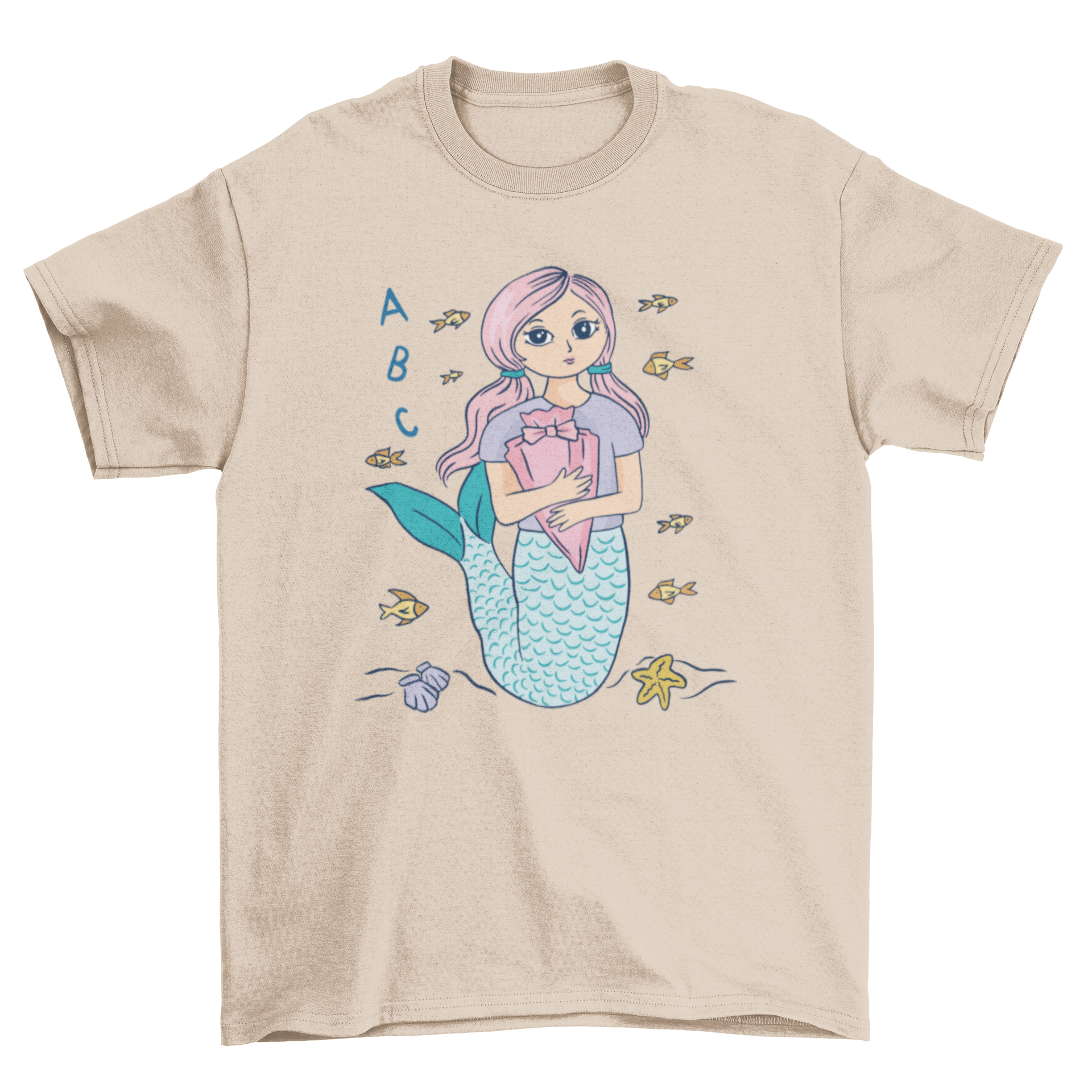 A colorful t-shirt featuring a mermaid student with a backpack, perfect for kids.