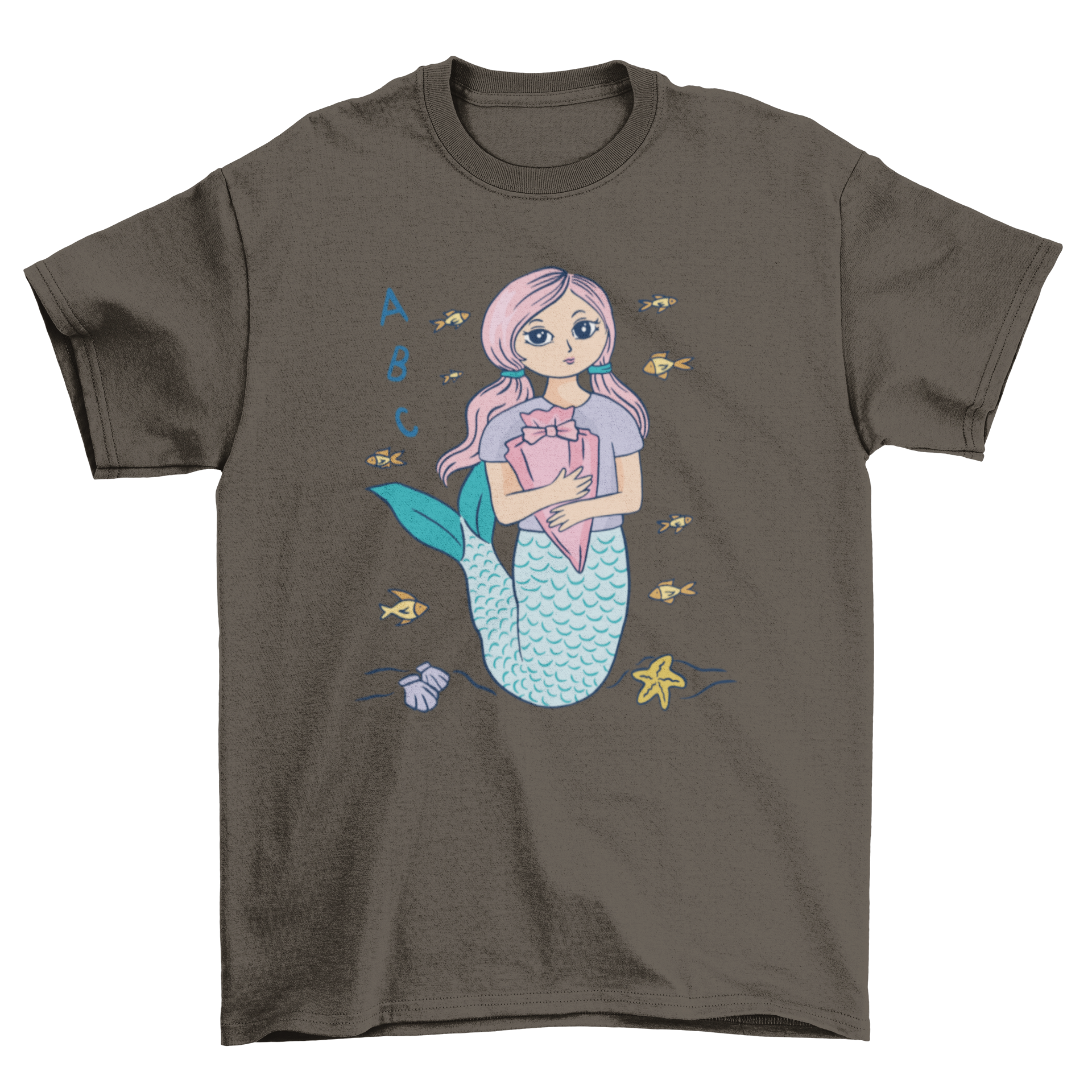 A colorful t-shirt featuring a mermaid student with a backpack, perfect for kids.