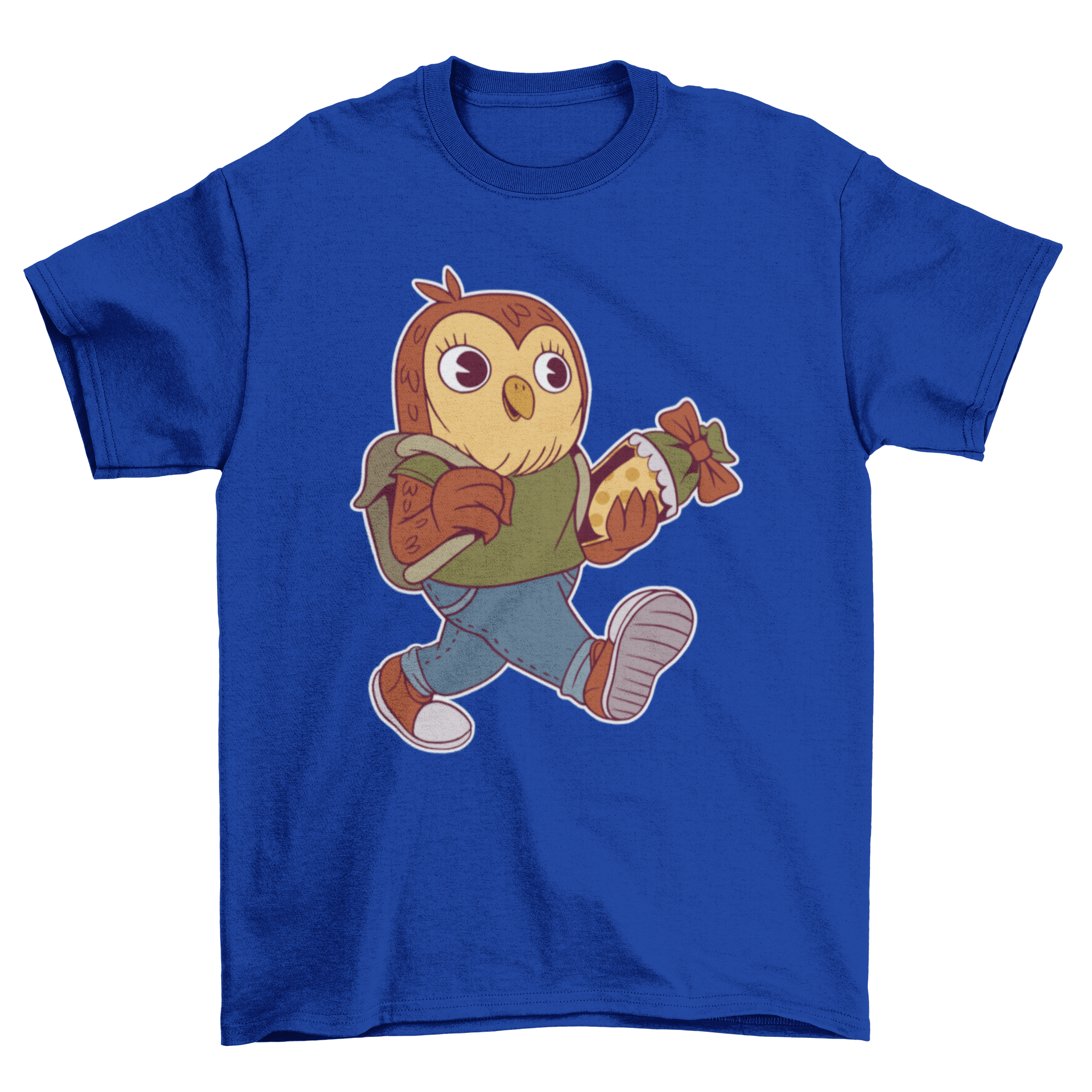 A colorful T-shirt featuring a cute owl illustration with a backpack, symbolizing school and learning.