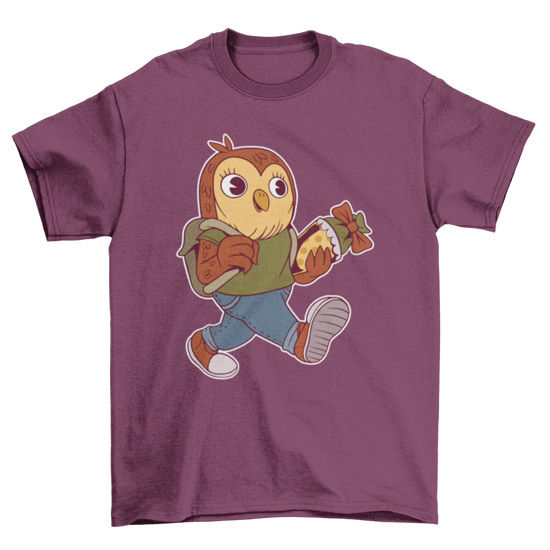 A colorful T-shirt featuring a cute owl illustration with a backpack, symbolizing school and learning.