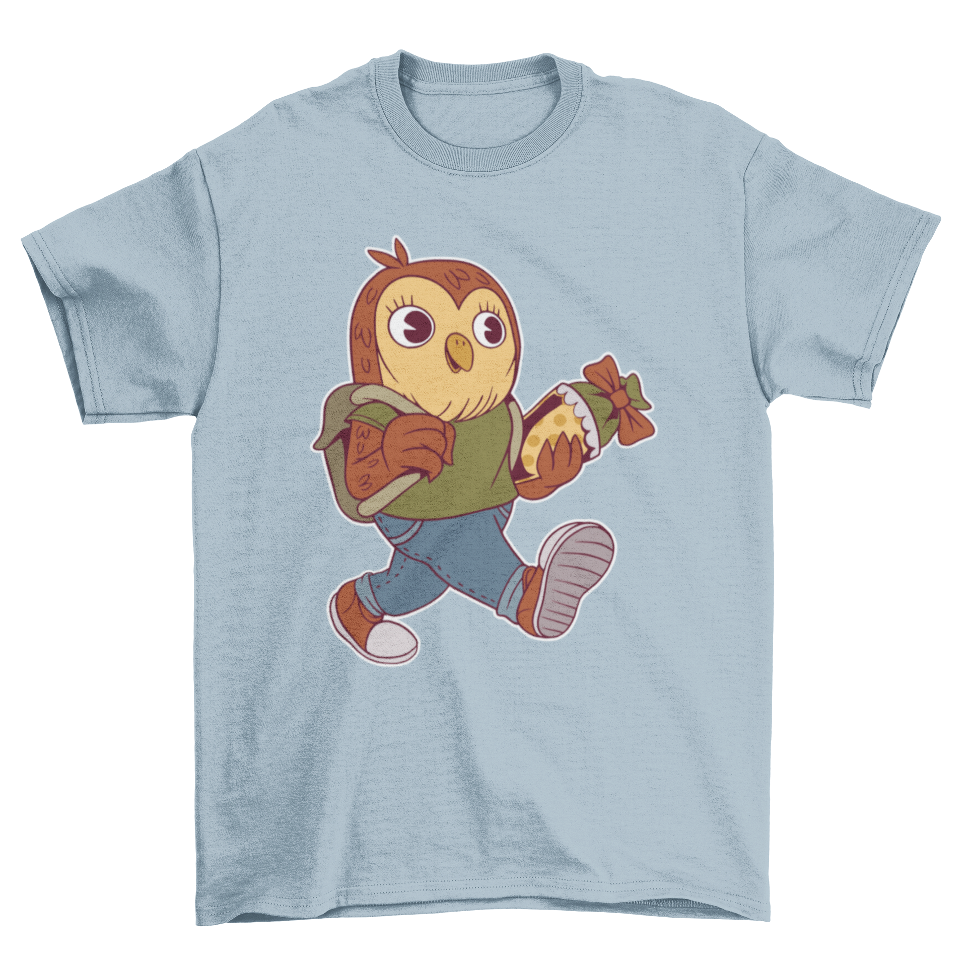 A colorful T-shirt featuring a cute owl illustration with a backpack, symbolizing school and learning.