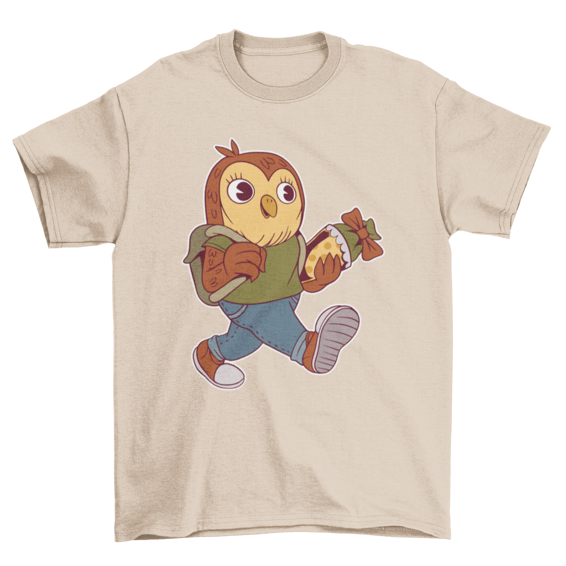 A colorful T-shirt featuring a cute owl illustration with a backpack, symbolizing school and learning.