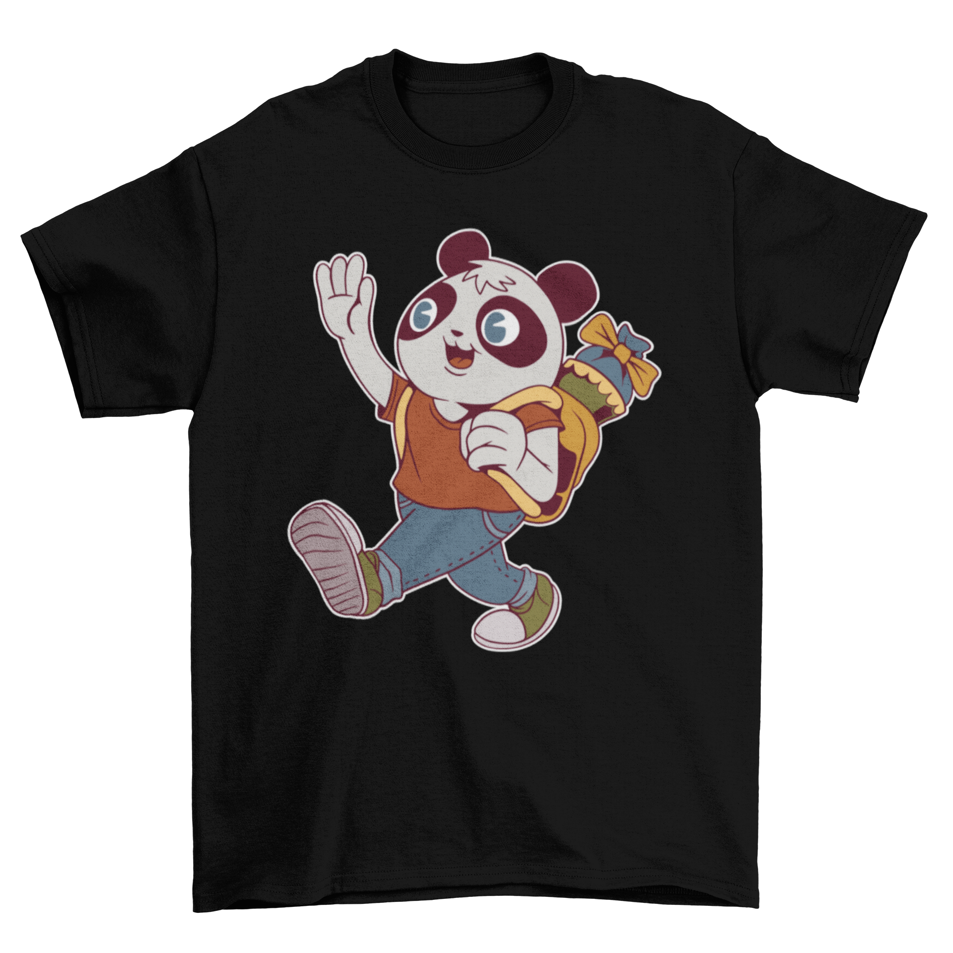 A colorful T-shirt featuring a cute panda bear going to school, perfect for kids.