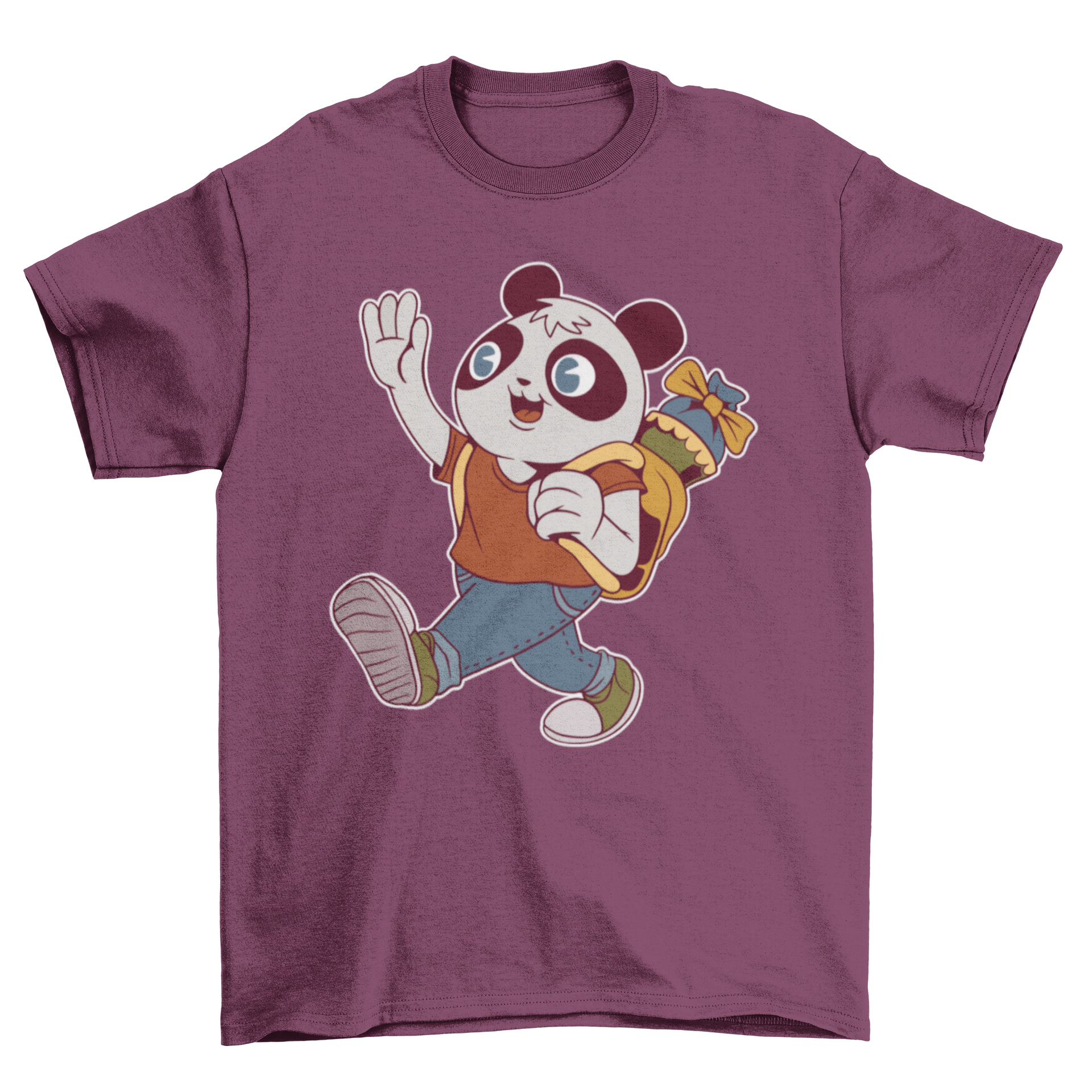 A colorful T-shirt featuring a cute panda bear going to school, perfect for kids.