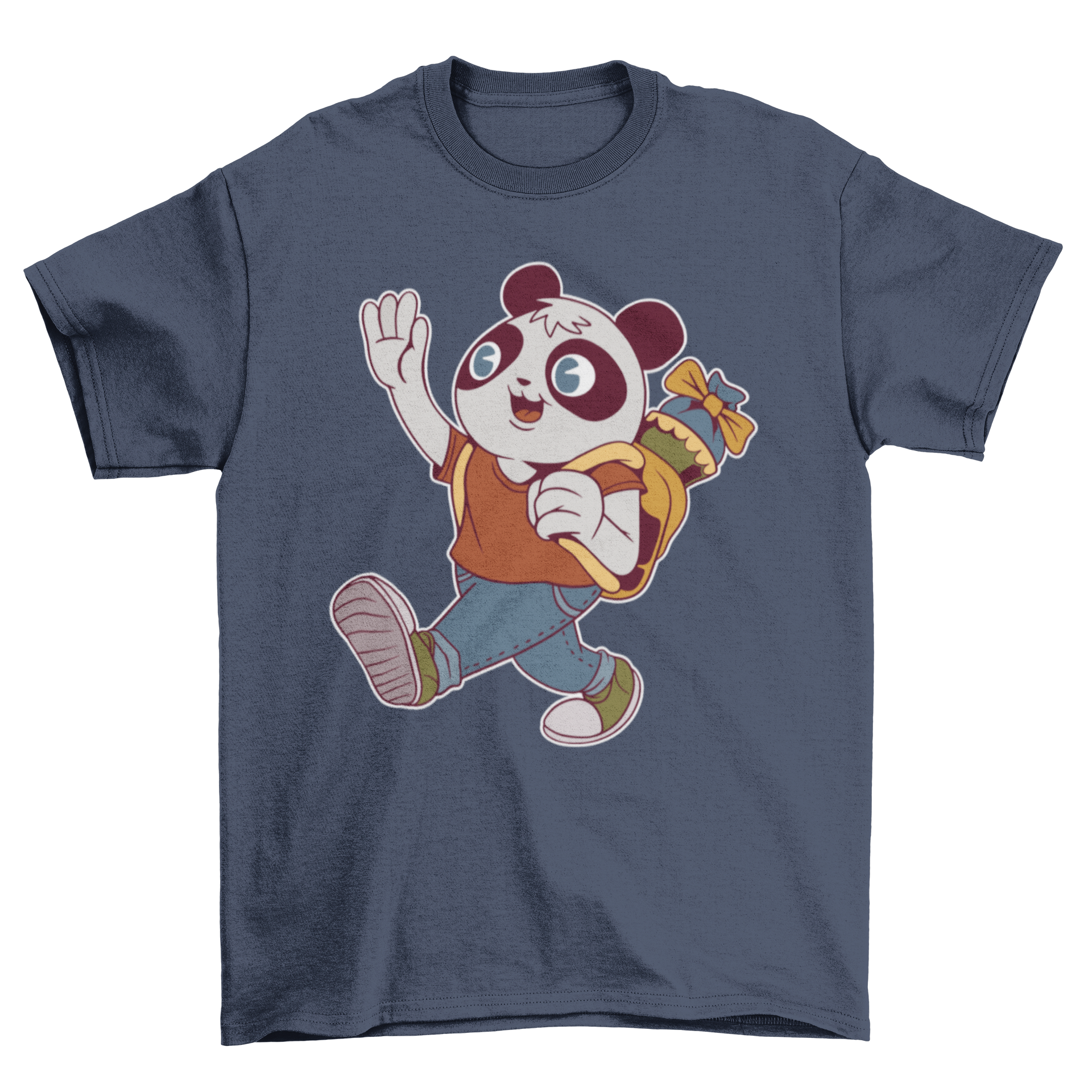 A colorful T-shirt featuring a cute panda bear going to school, perfect for kids.