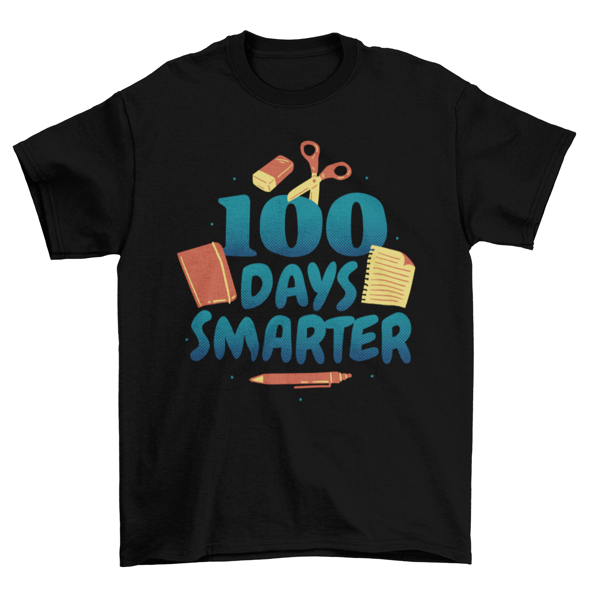 A stylish t-shirt featuring the quote '100 days smarter' with colorful school supplies graphics, perfect for students.