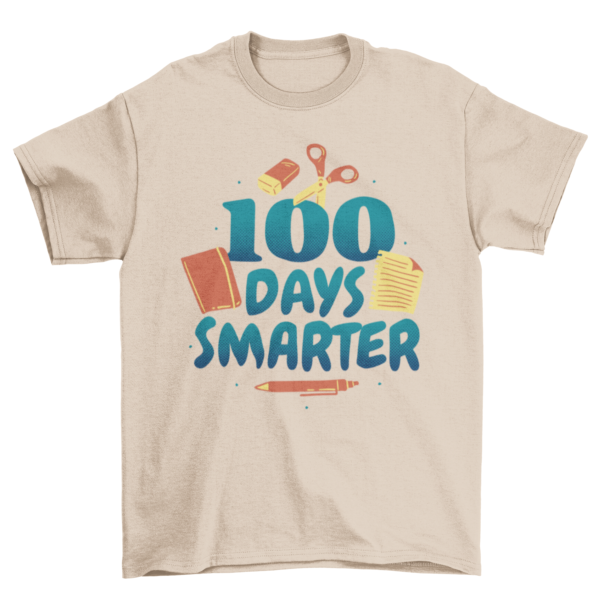 A stylish t-shirt featuring the quote '100 days smarter' with colorful school supplies graphics, perfect for students.