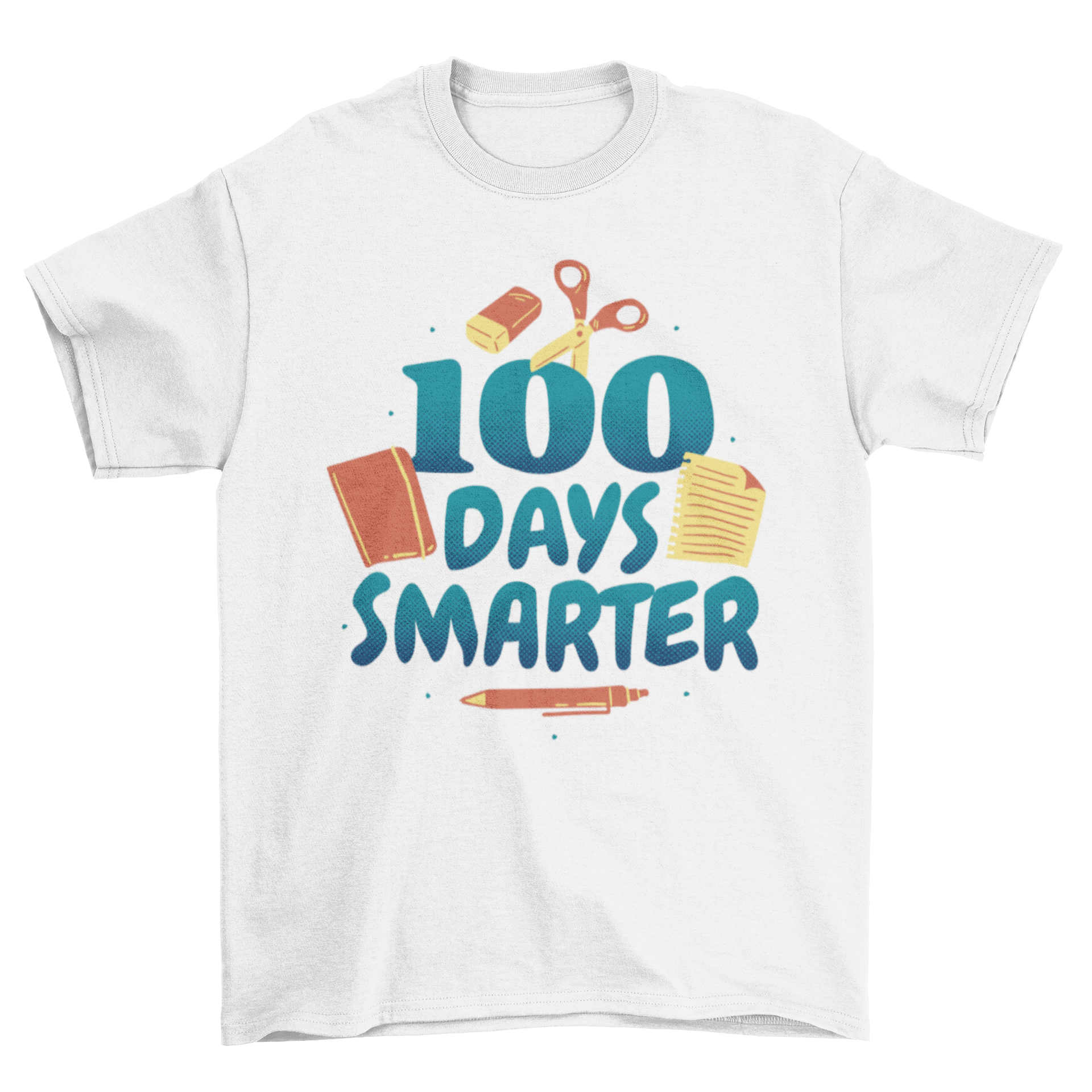 A stylish t-shirt featuring the quote '100 days smarter' with colorful school supplies graphics, perfect for students.