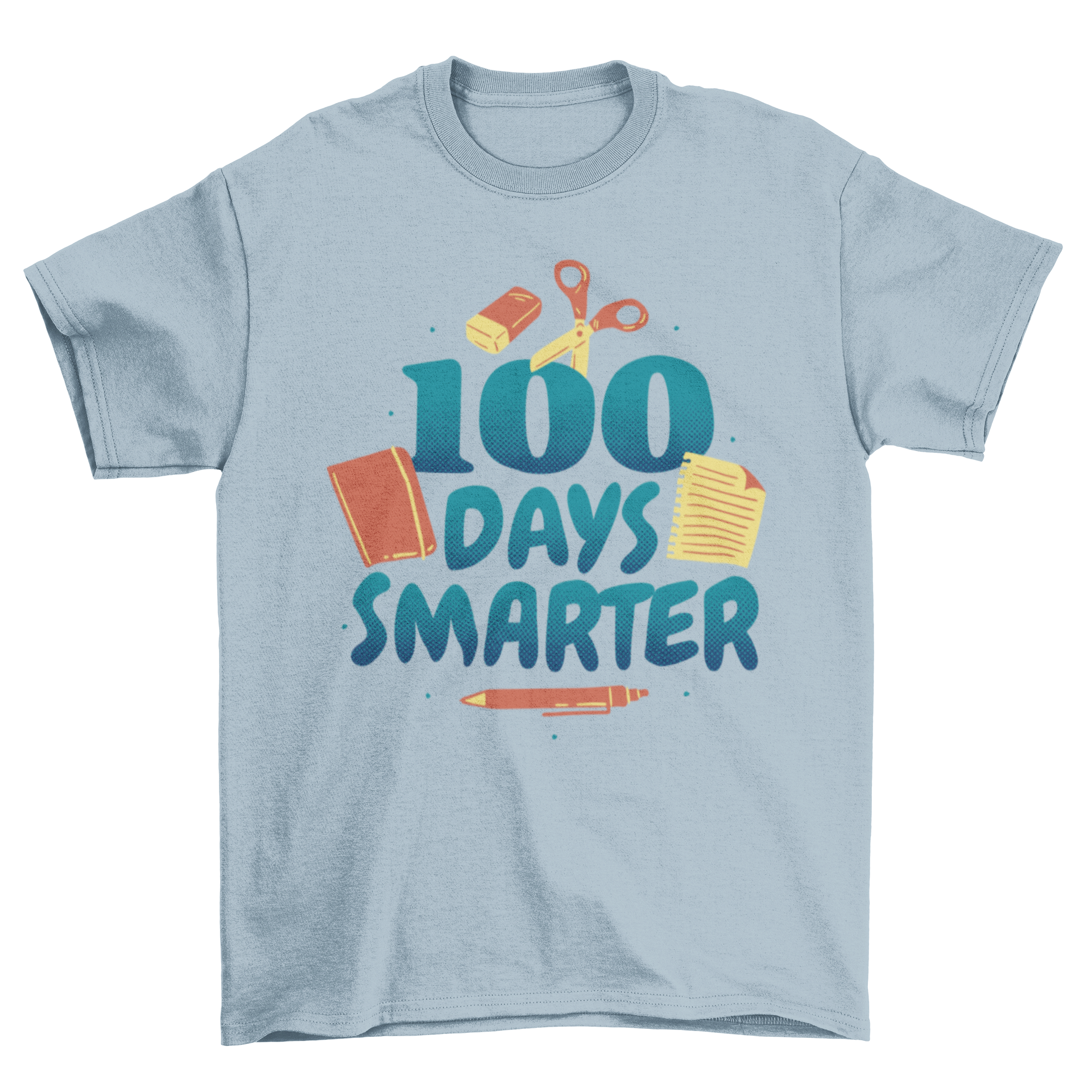 A stylish t-shirt featuring the quote '100 days smarter' with colorful school supplies graphics, perfect for students.