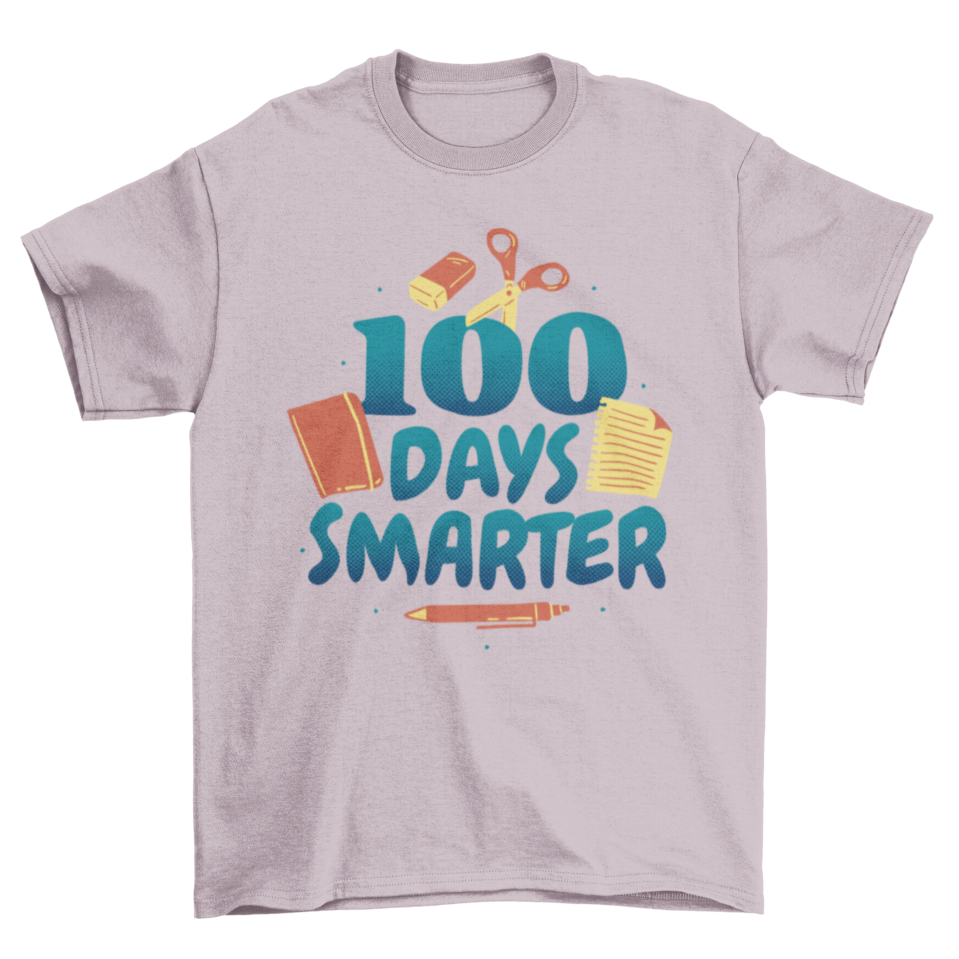 A stylish t-shirt featuring the quote '100 days smarter' with colorful school supplies graphics, perfect for students.