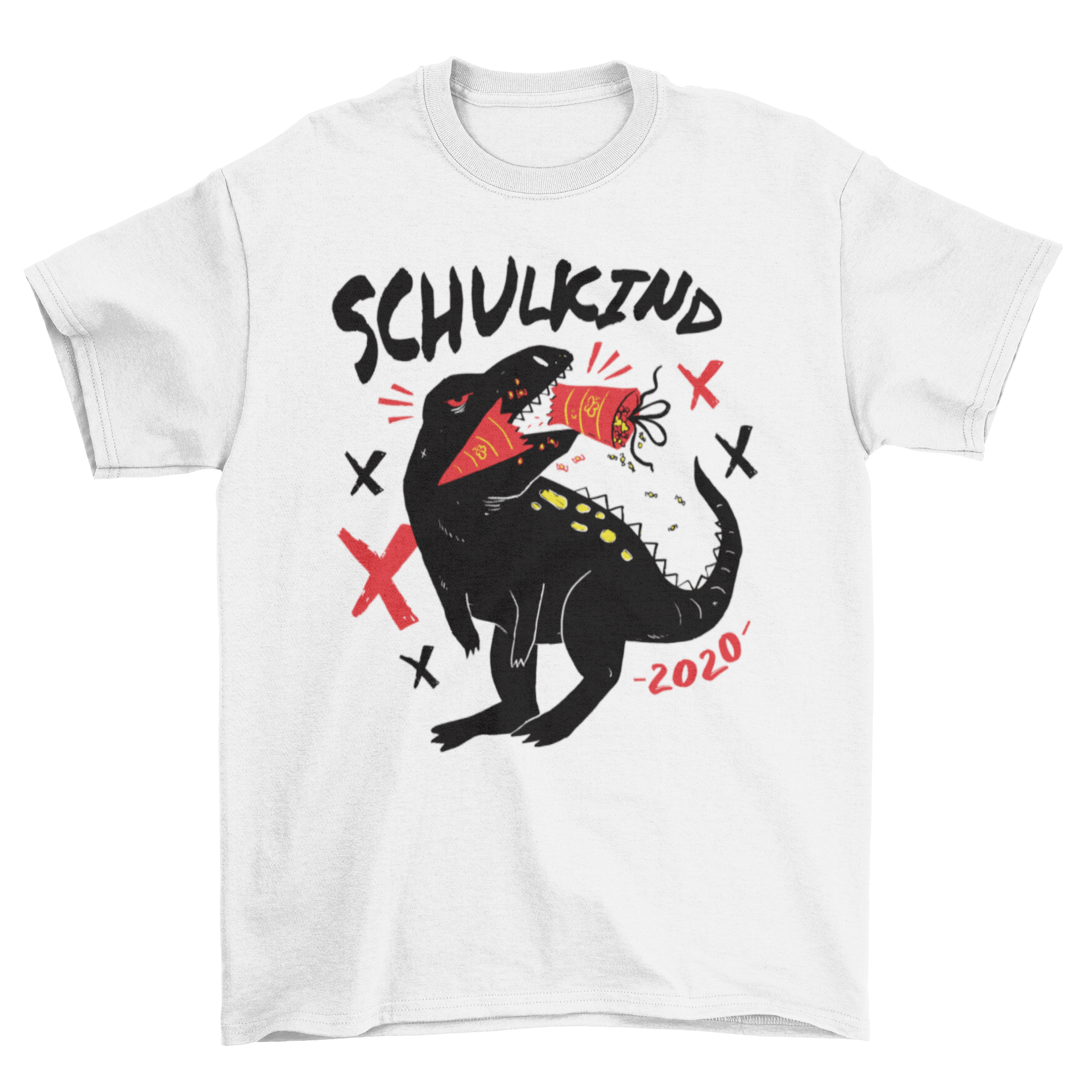 A colorful T-shirt featuring a playful T-rex design and the German text 'SCHULKIND 2020', perfect for kids.