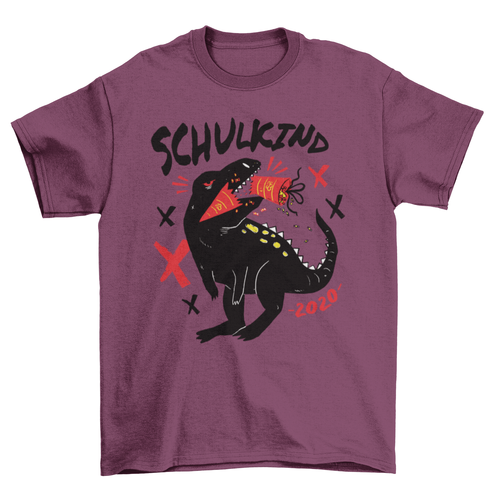 A colorful T-shirt featuring a playful T-rex design and the German text 'SCHULKIND 2020', perfect for kids.