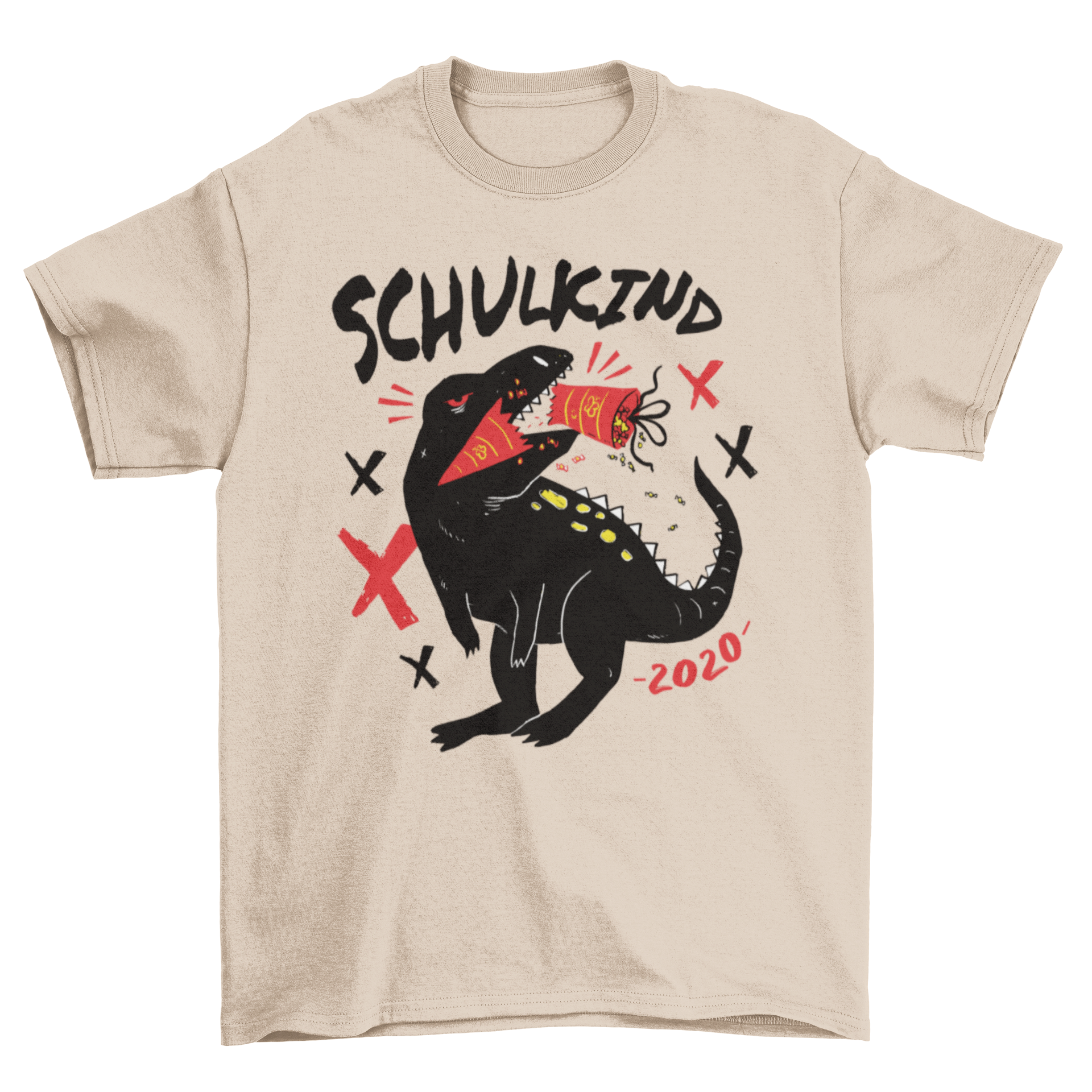 A colorful T-shirt featuring a playful T-rex design and the German text 'SCHULKIND 2020', perfect for kids.