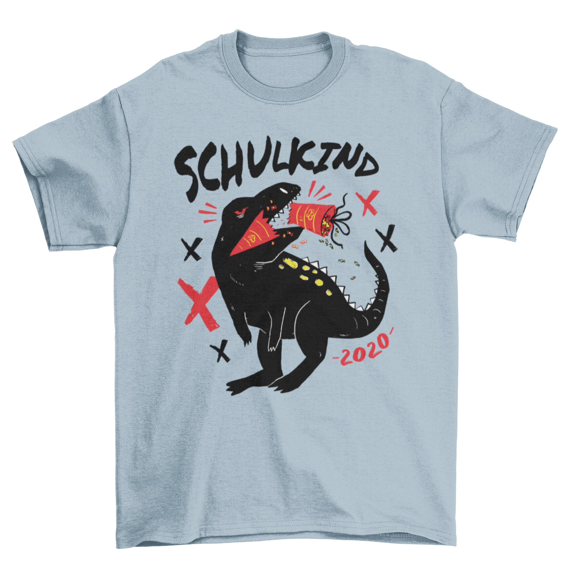 A colorful T-shirt featuring a playful T-rex design and the German text 'SCHULKIND 2020', perfect for kids.