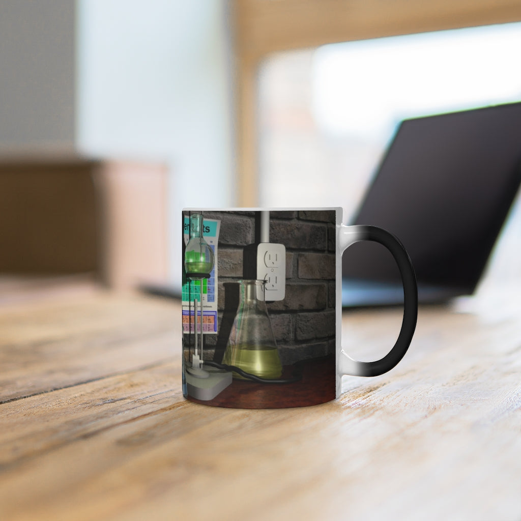 A white ceramic Science Scene Color Changing Mug displaying vibrant colors as it heats up, perfect for enjoying hot beverages.