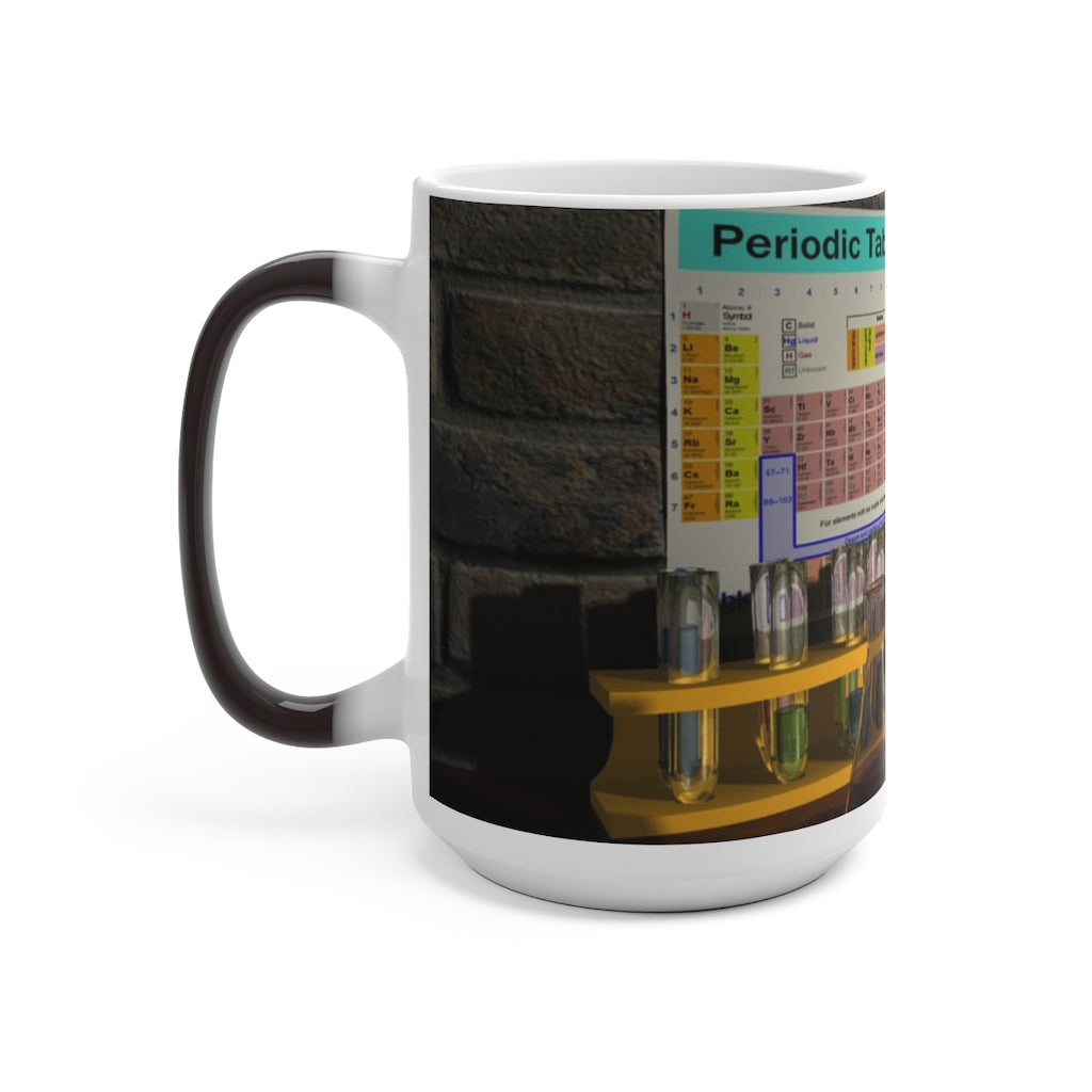 A white ceramic Science Scene Color Changing Mug displaying vibrant colors as it heats up, perfect for enjoying hot beverages.